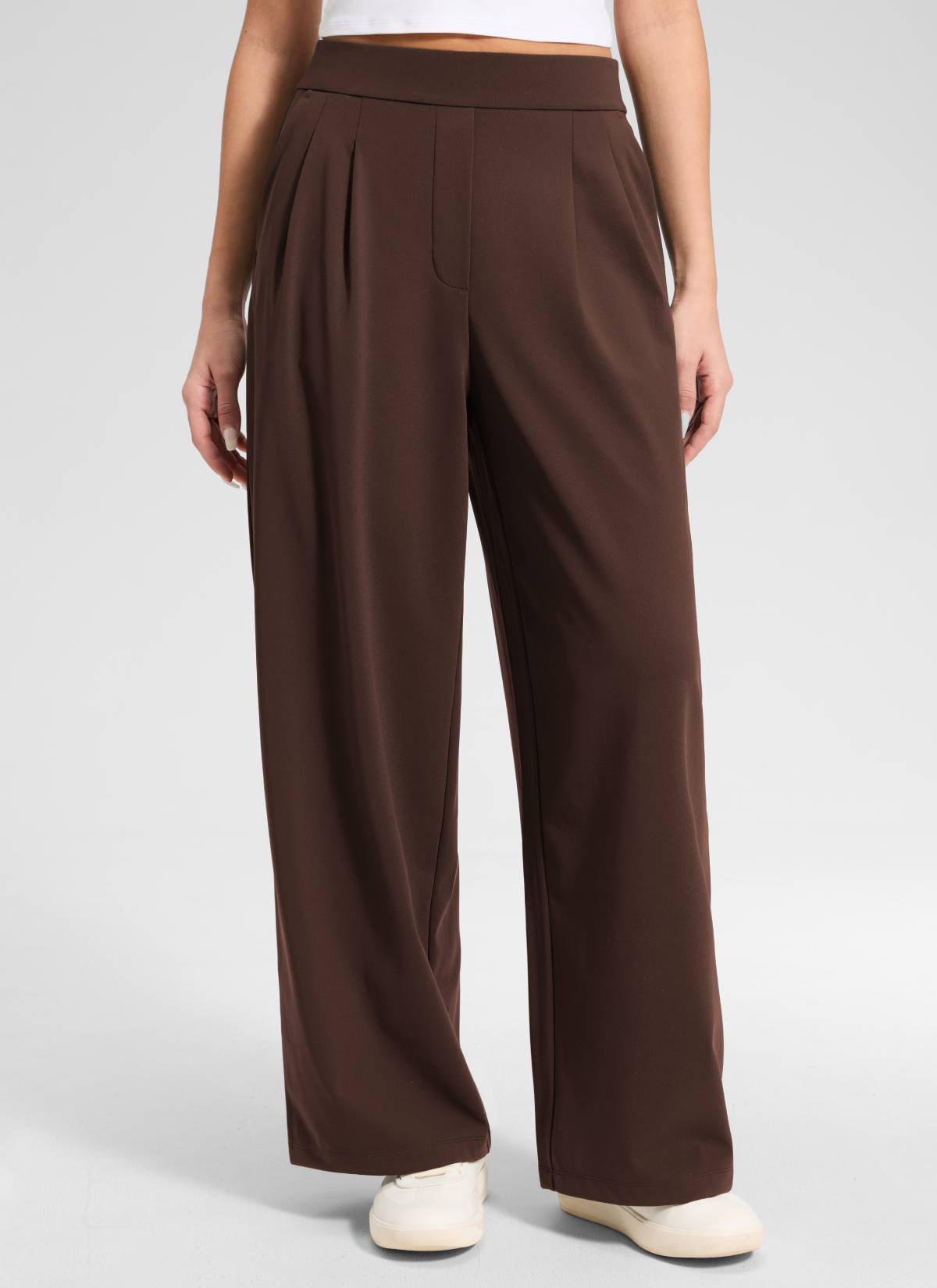 CRZ YOGA Women's Business High Rise Pocket Wide Leg Pleated Pants Lava Brown @model_info:Anano