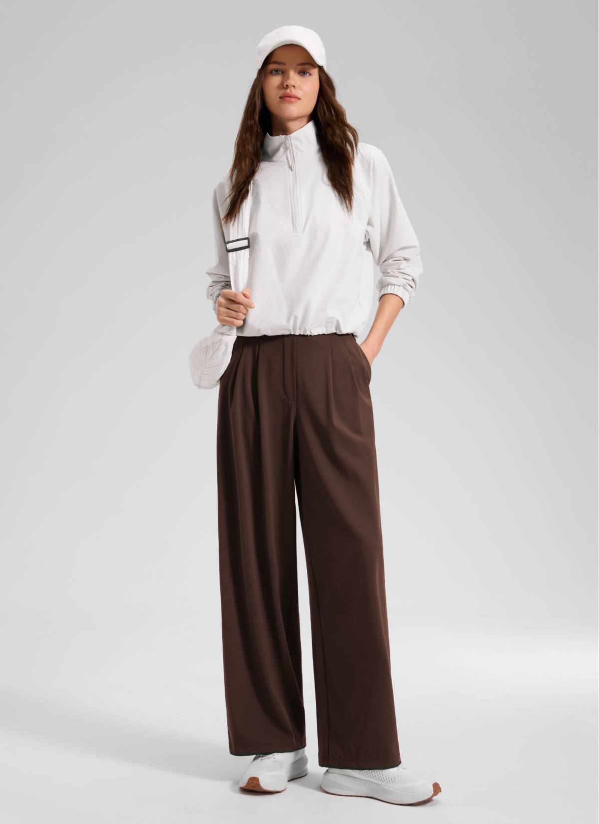 CRZ YOGA Women's Business High Rise Pocket Wide Leg Pleated Pants Lava Brown @model_info:Anano
