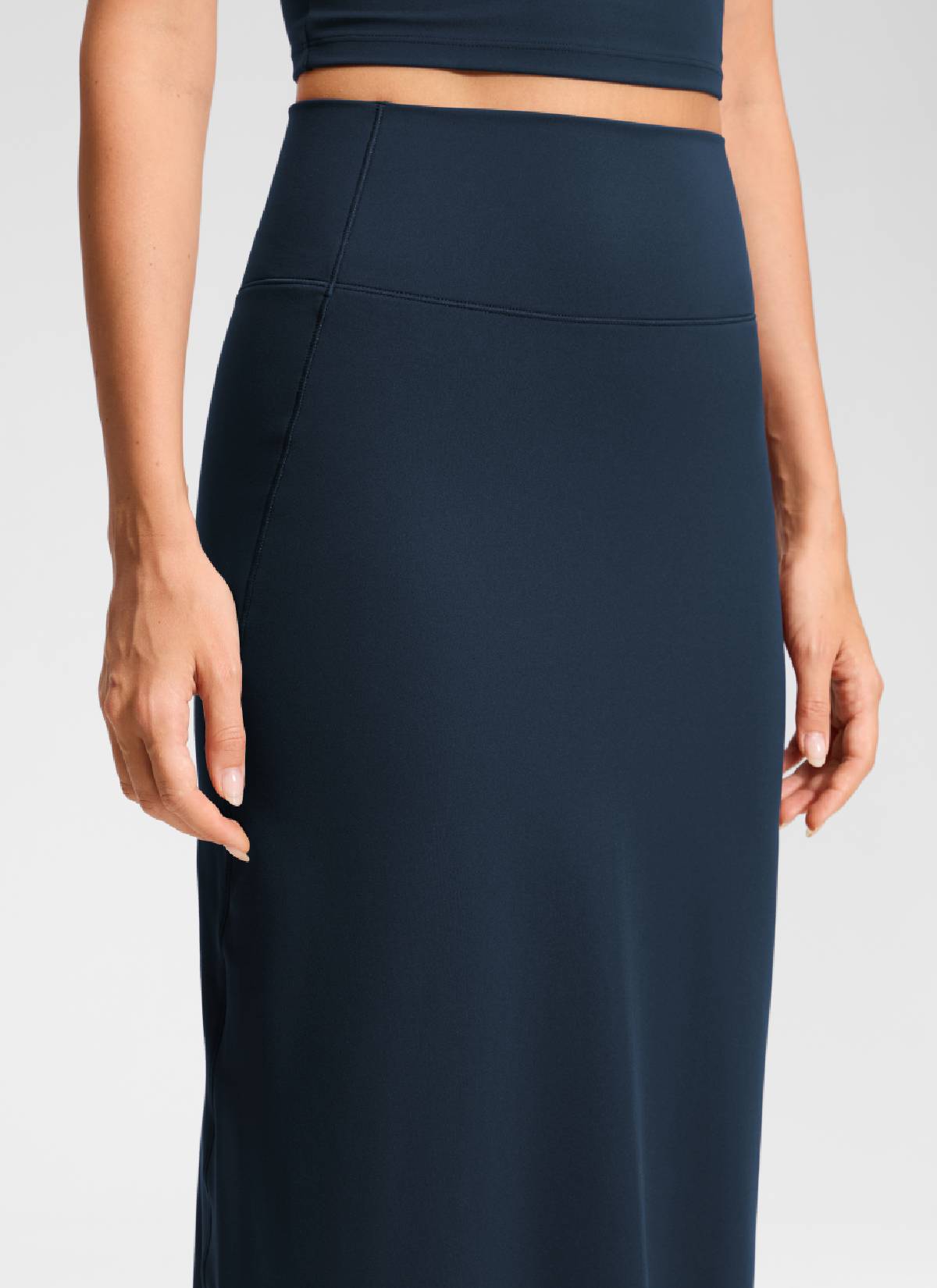 CRZ YOGA Women's Butterlift High Rise Slim Fit Maxi Pencil Skirt True Navy @model_info:Anna