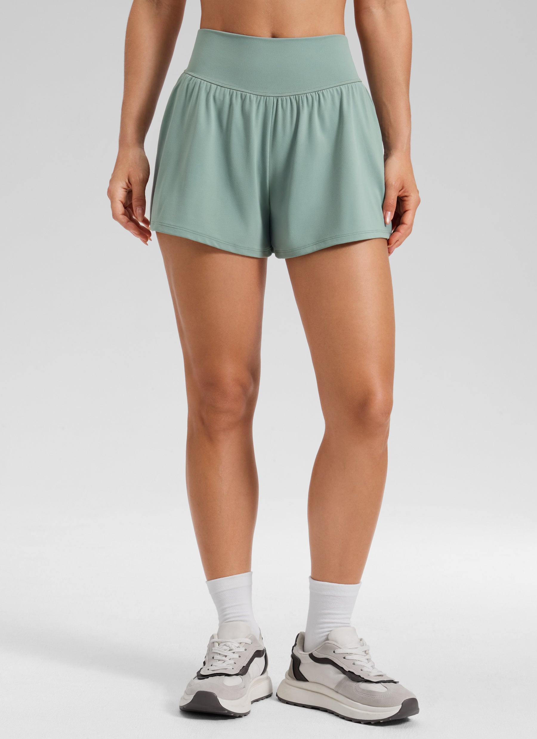 CRZ YOGA Women's Softretch Yoga High Rise Pocket Flowy 2 in 1 Shorts Crater Green @model_info:A