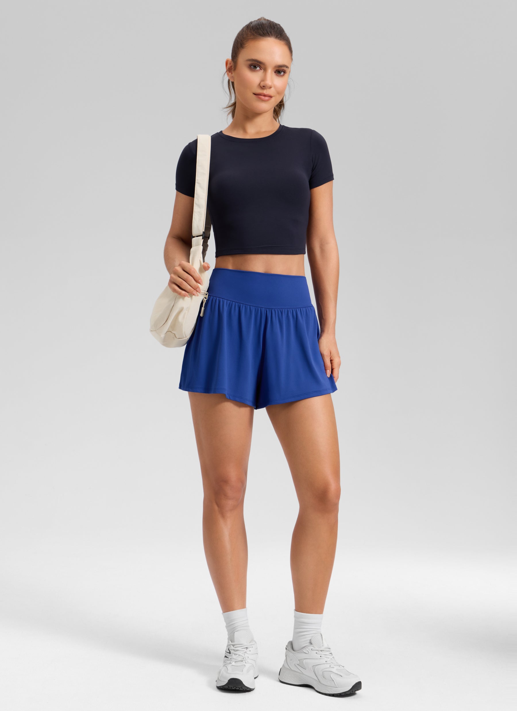 CRZ YOGA Women's Softretch Yoga High Rise Pocket Flowy 2 in 1 Shorts Waves Blue @model_info:A