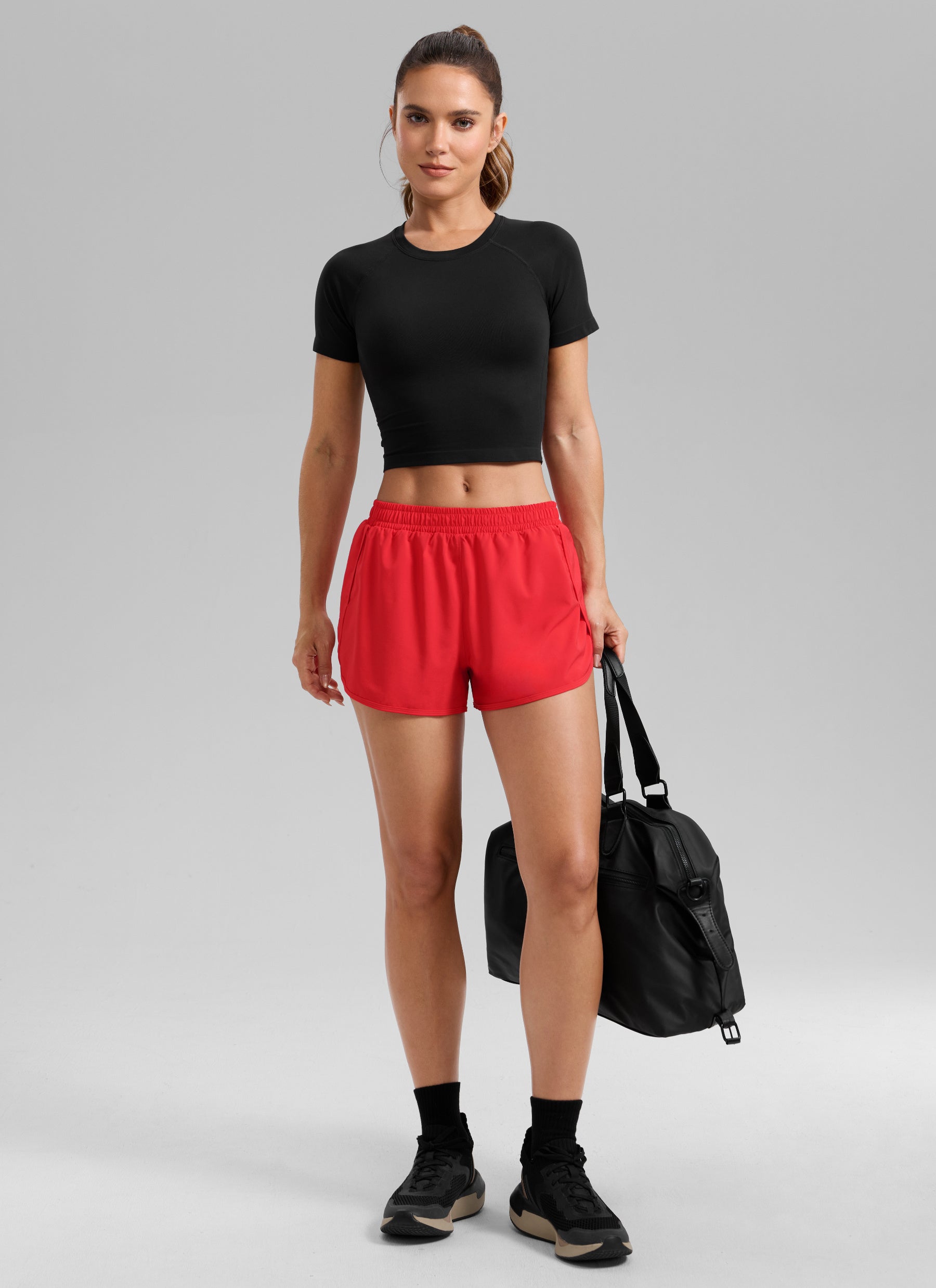 CRZ YOGA Women's Feathery-Fit Soft Workout Mid Rise Split Shorts 2.5'' Deep Red @model_info:A