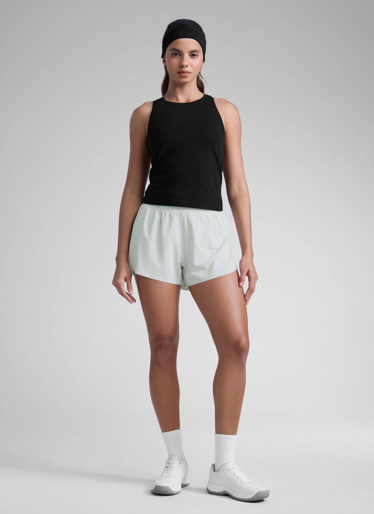 CRZ YOGA Women's Running High Rise Mesh Lined Shorts 3'' Workout Short Ocean Air @model_info:Dany