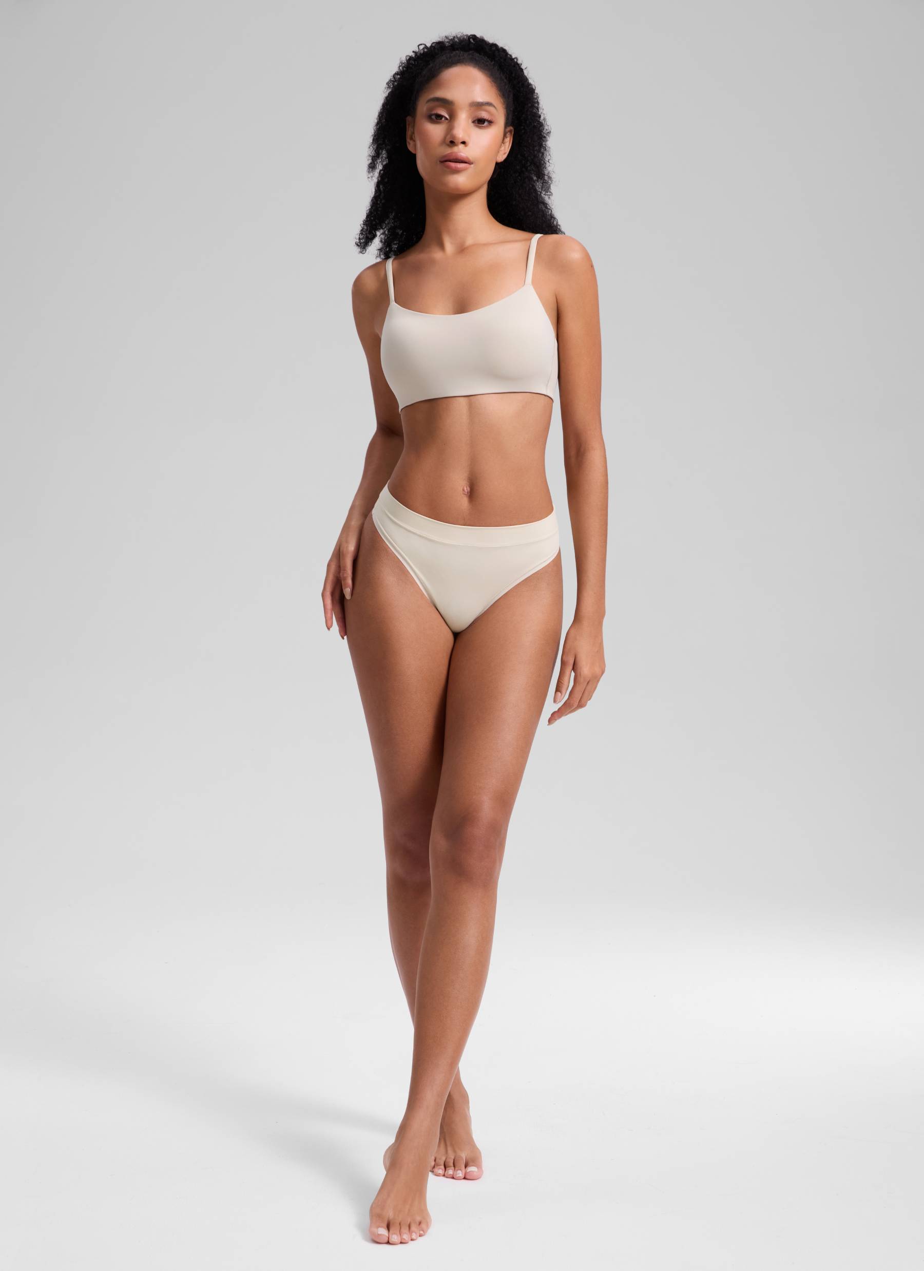 CRZ YOGA Women Softhold High Rise Thongs Ladies Underwear 3 Pack Mojave Tan 2 3pack @model_info:Samira