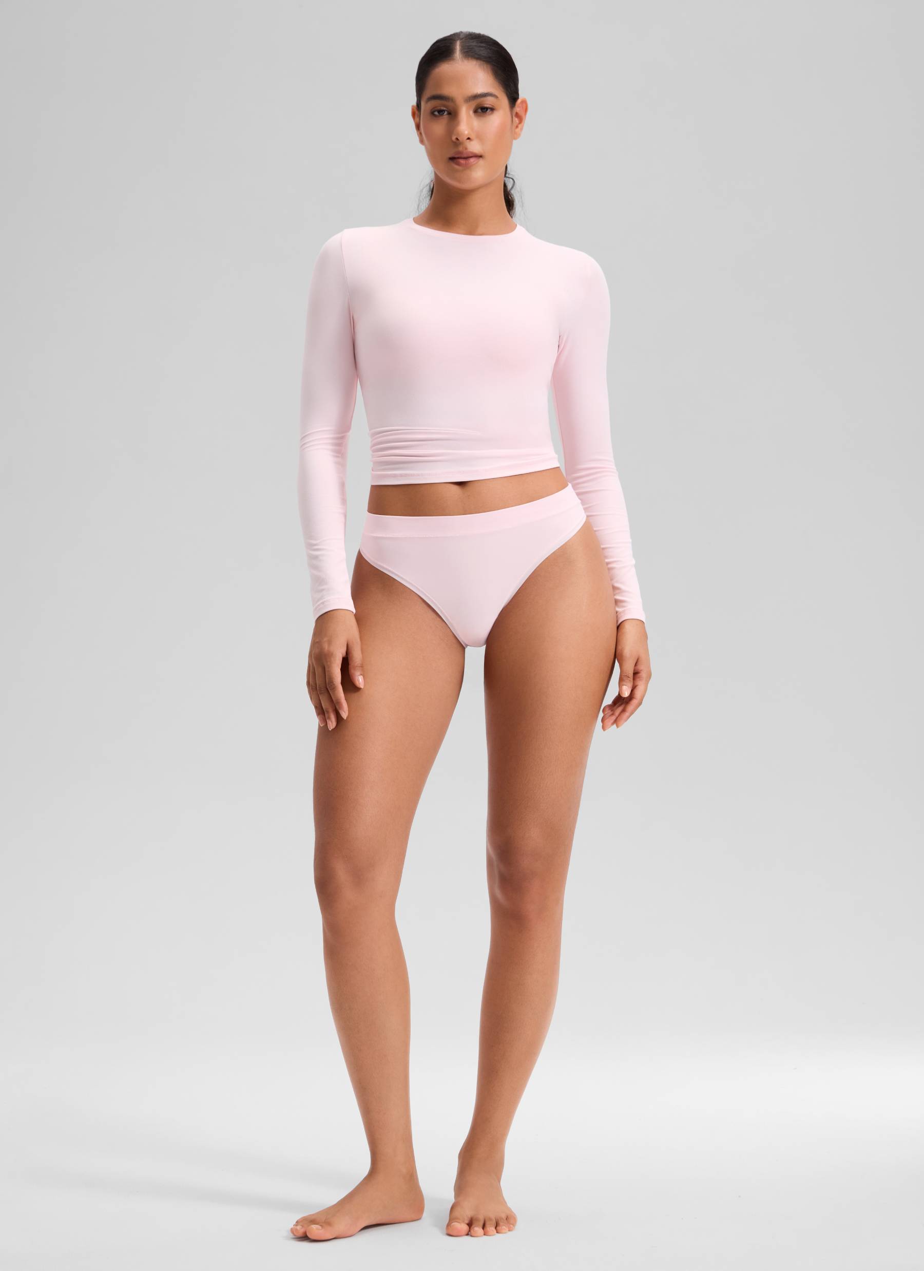 CRZ YOGA Women Softhold High Rise Thongs Ladies Underwear 3 Pack Grey White Pink @model_info:Carol