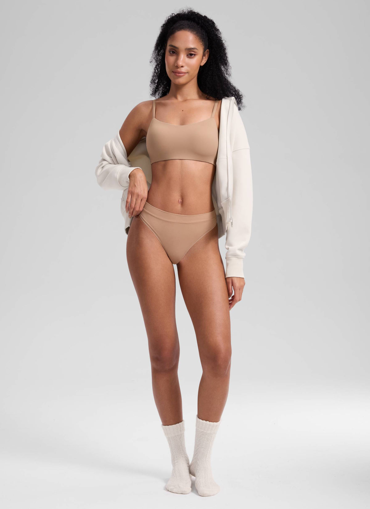 CRZ YOGA Women Softhold High Rise Thongs Ladies Underwear 3 Pack Warm Beige 3pack @model_info:Samira