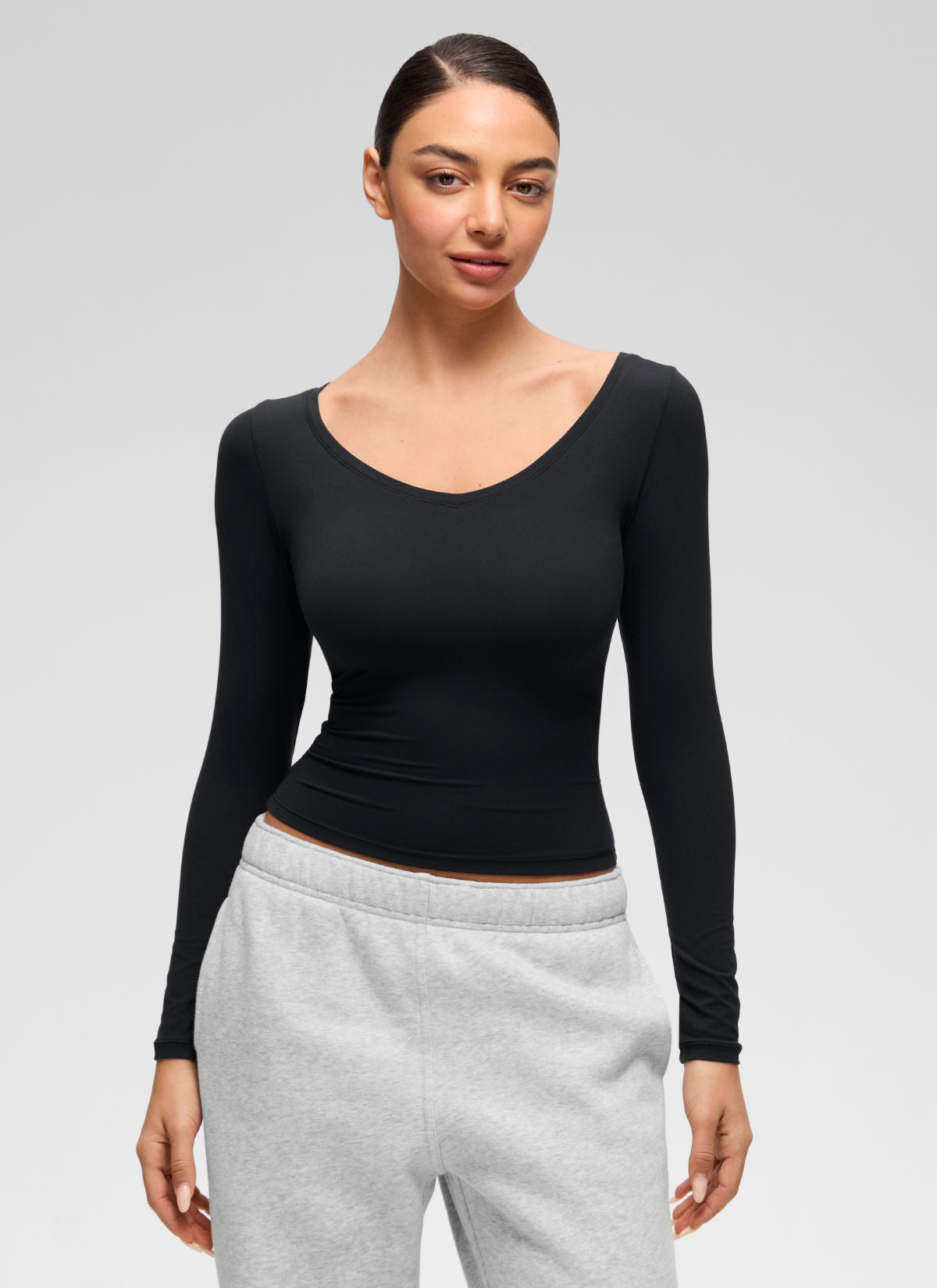 CRZ YOGA Women's Softembrace Casual V Neck Waist Length Long Sleeve Black @model_info:Anano