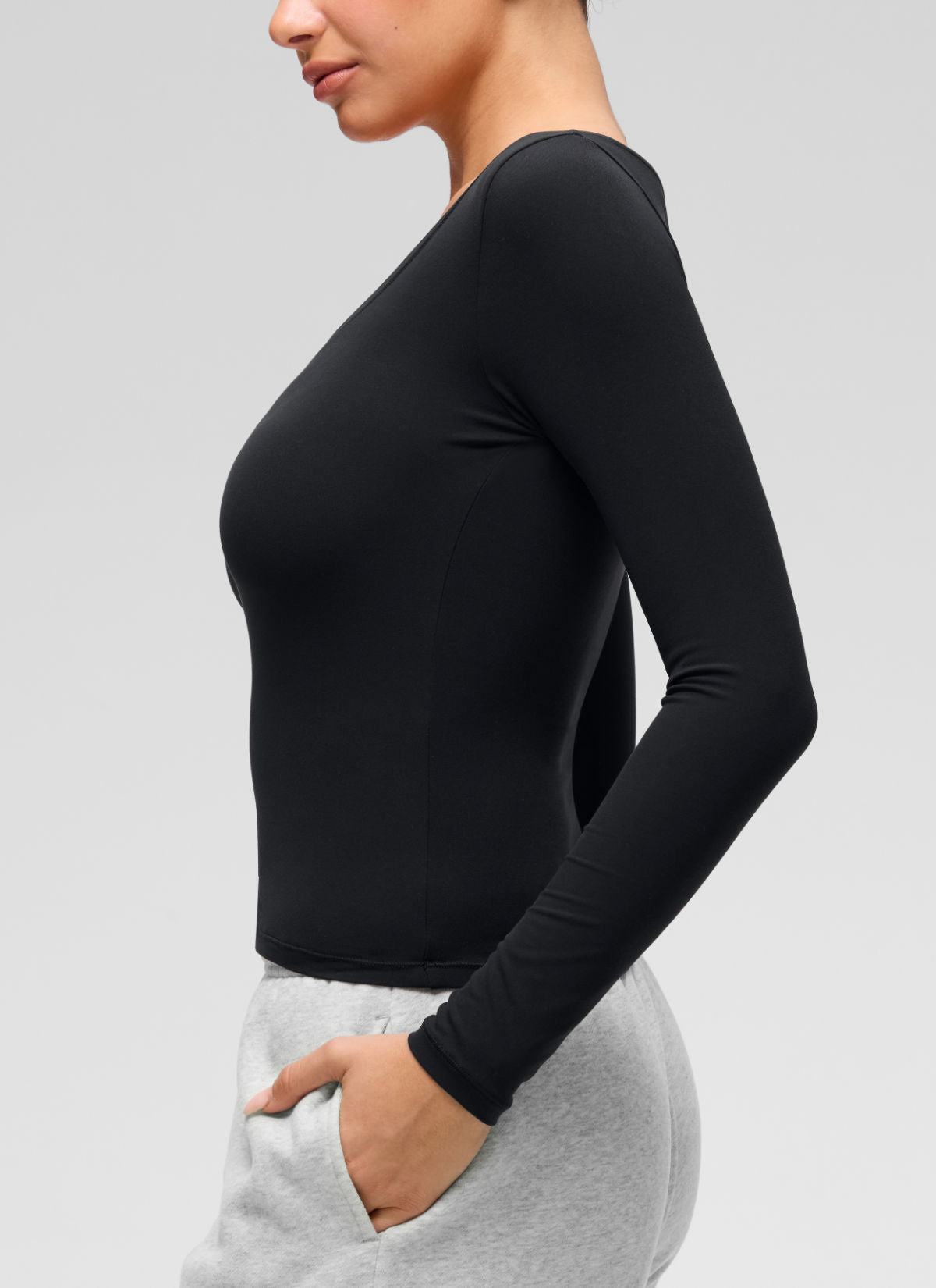 CRZ YOGA Women's Softembrace Casual V Neck Waist Length Long Sleeve Black @model_info:Anano