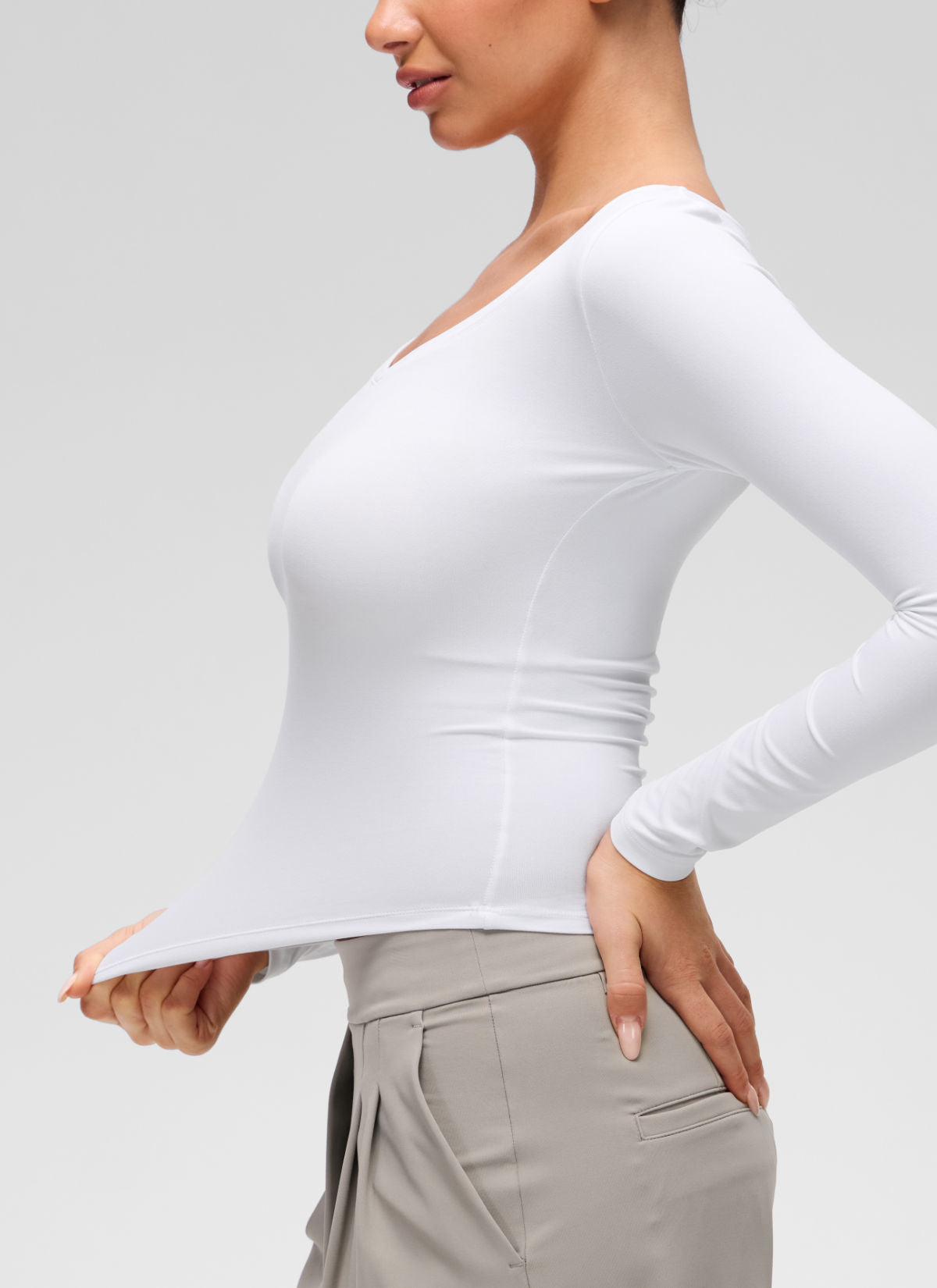 CRZ YOGA Women's Softembrace Casual V Neck Waist Length Long Sleeve White @model_info:Anano