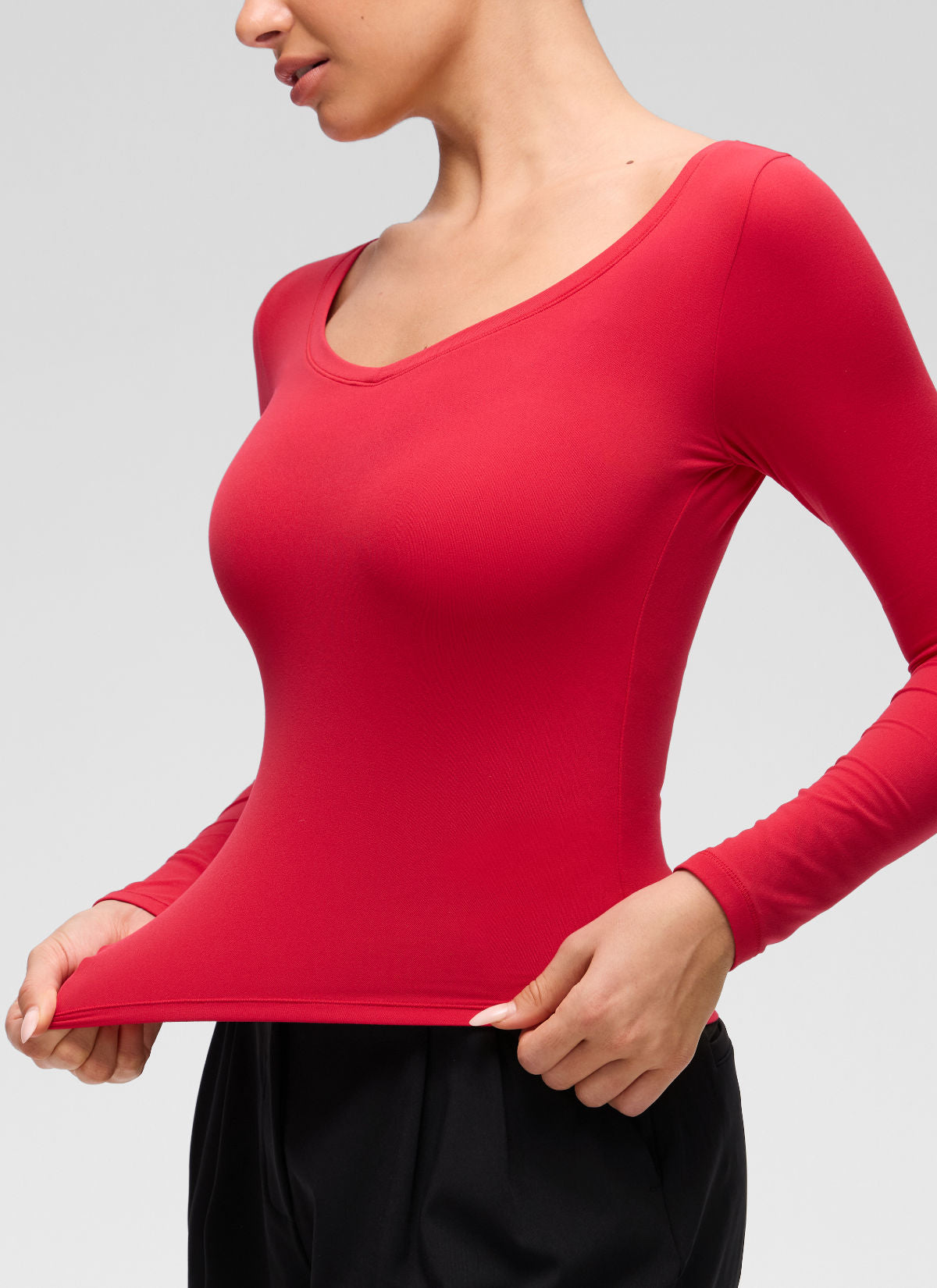 CRZ YOGA Women's Softembrace Casual V Neck Waist Length Long Sleeve Aurora Red @model_info:Anano