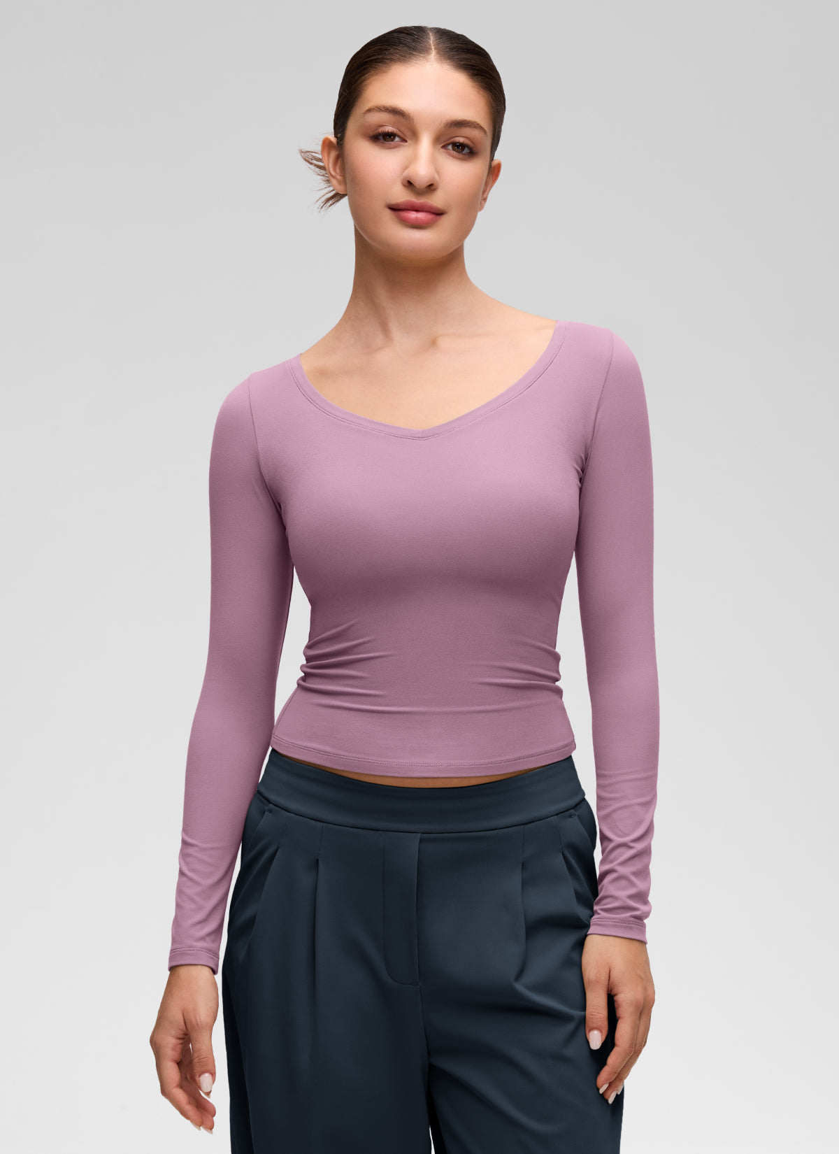 CRZ YOGA Women's Softembrace Casual V Neck Waist Length Long Sleeve Light Lavender @model_info:Inga