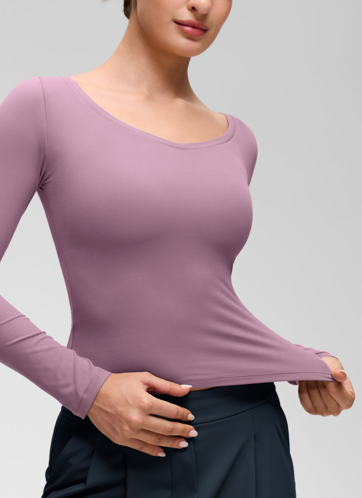 CRZ YOGA Women's Softembrace Casual V Neck Waist Length Long Sleeve Light Lavender @model_info:Inga