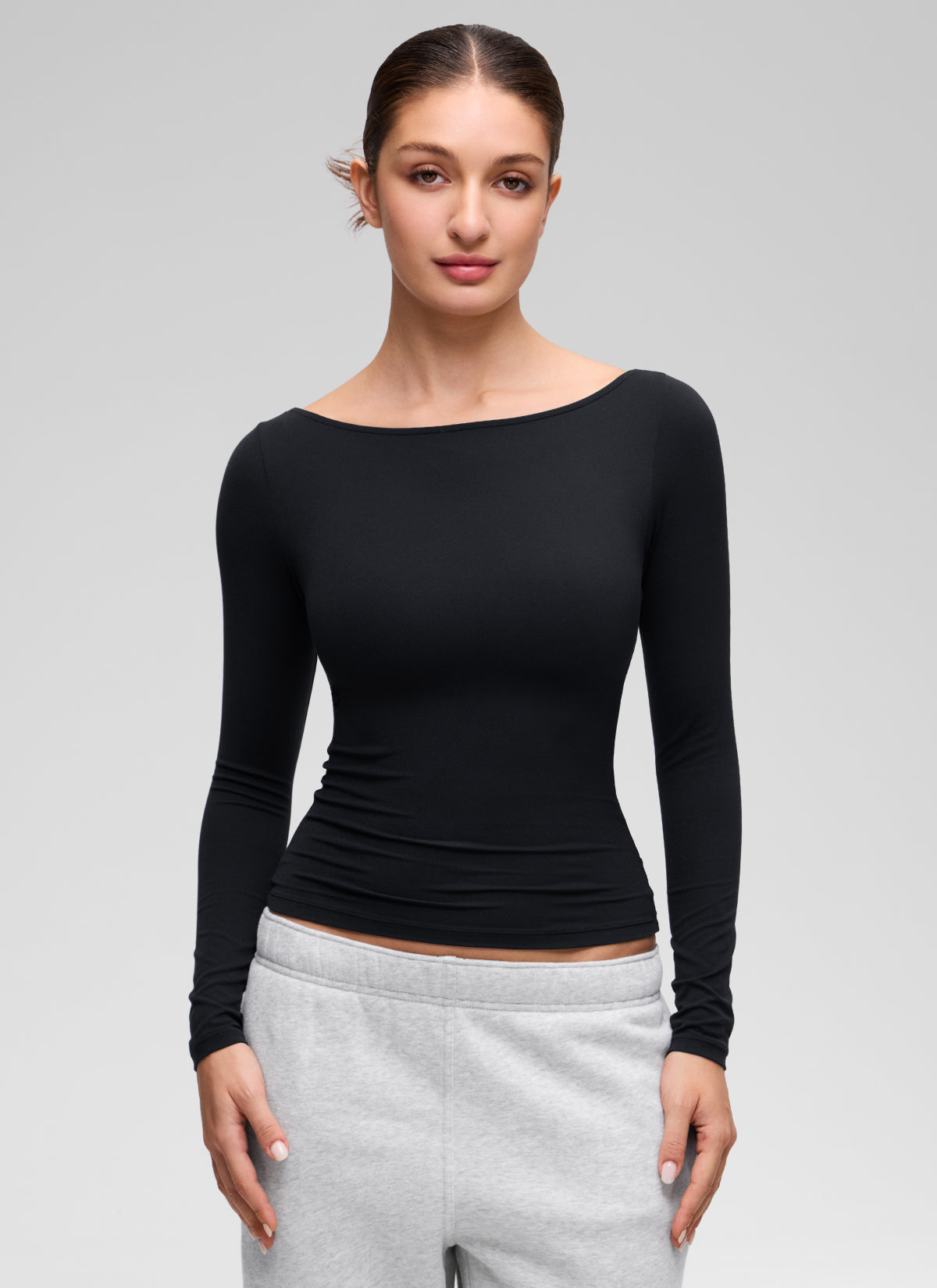 CRZ YOGA Women's Softembrace Casual Boat Neck Waist Length Long Sleeve Black @model_info:Inga