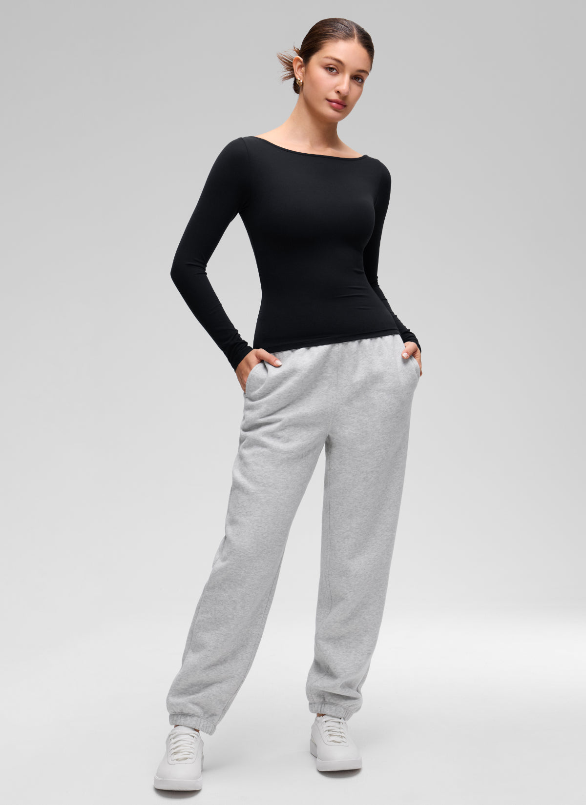 CRZ YOGA Women's Softembrace Casual Boat Neck Waist Length Long Sleeve Black @model_info:Inga