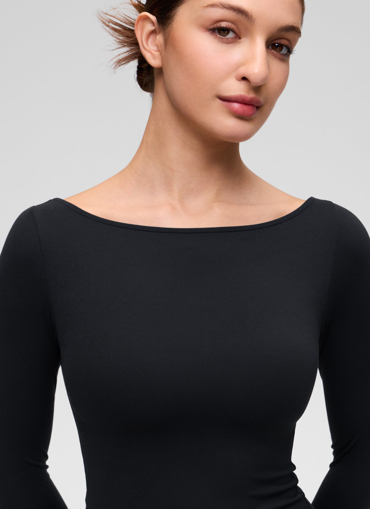 CRZ YOGA Women's Softembrace Casual Boat Neck Waist Length Long Sleeve Black @model_info:Inga