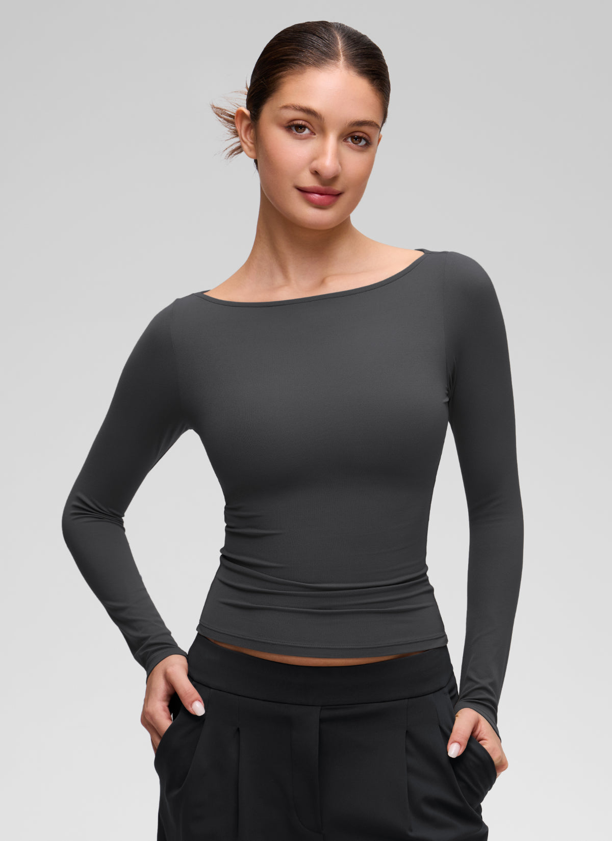 CRZ YOGA Women's Softembrace Casual Boat Neck Waist Length Long Sleeve Mysterious Grey @model_info:Inga