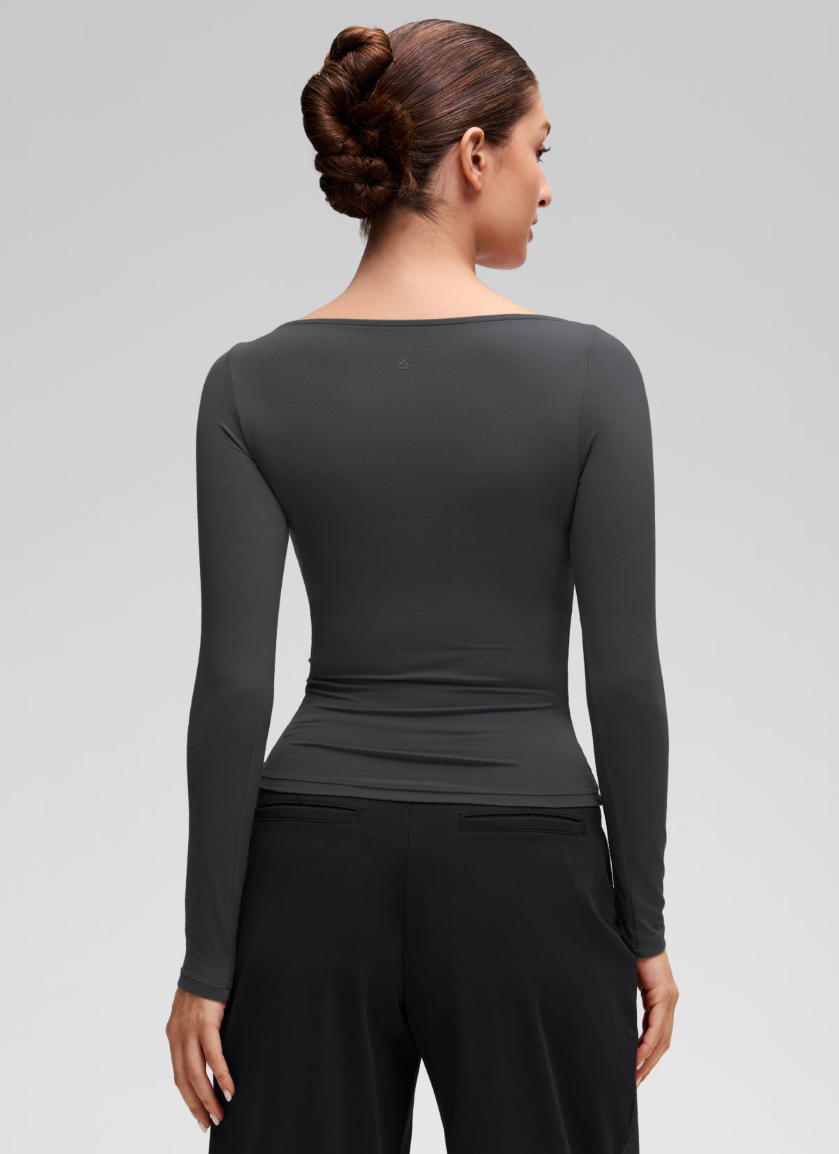 CRZ YOGA Women's Softembrace Casual Boat Neck Waist Length Long Sleeve Mysterious Grey @model_info:Inga