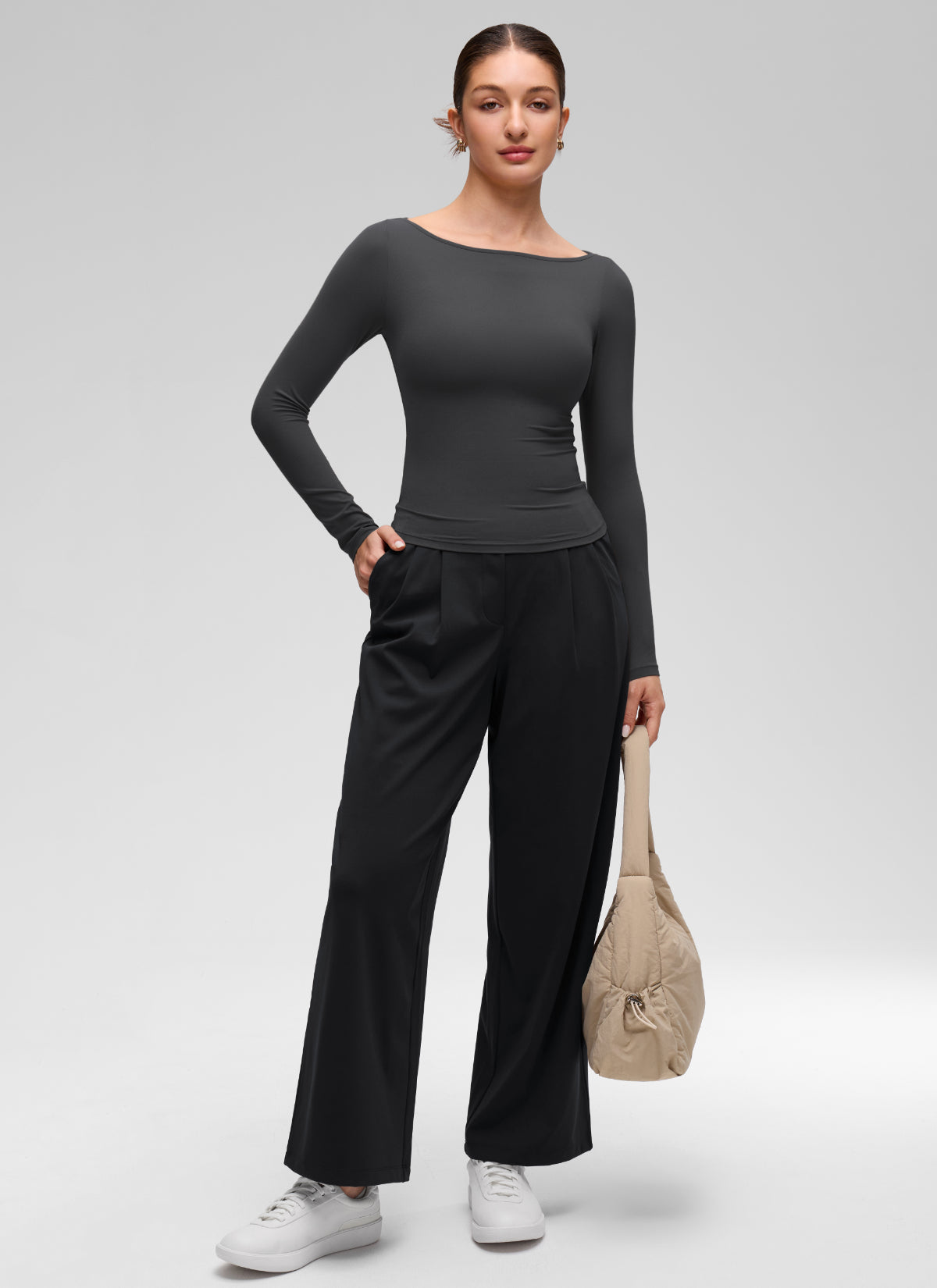 CRZ YOGA Women's Softembrace Casual Boat Neck Waist Length Long Sleeve Mysterious Grey @model_info:Inga