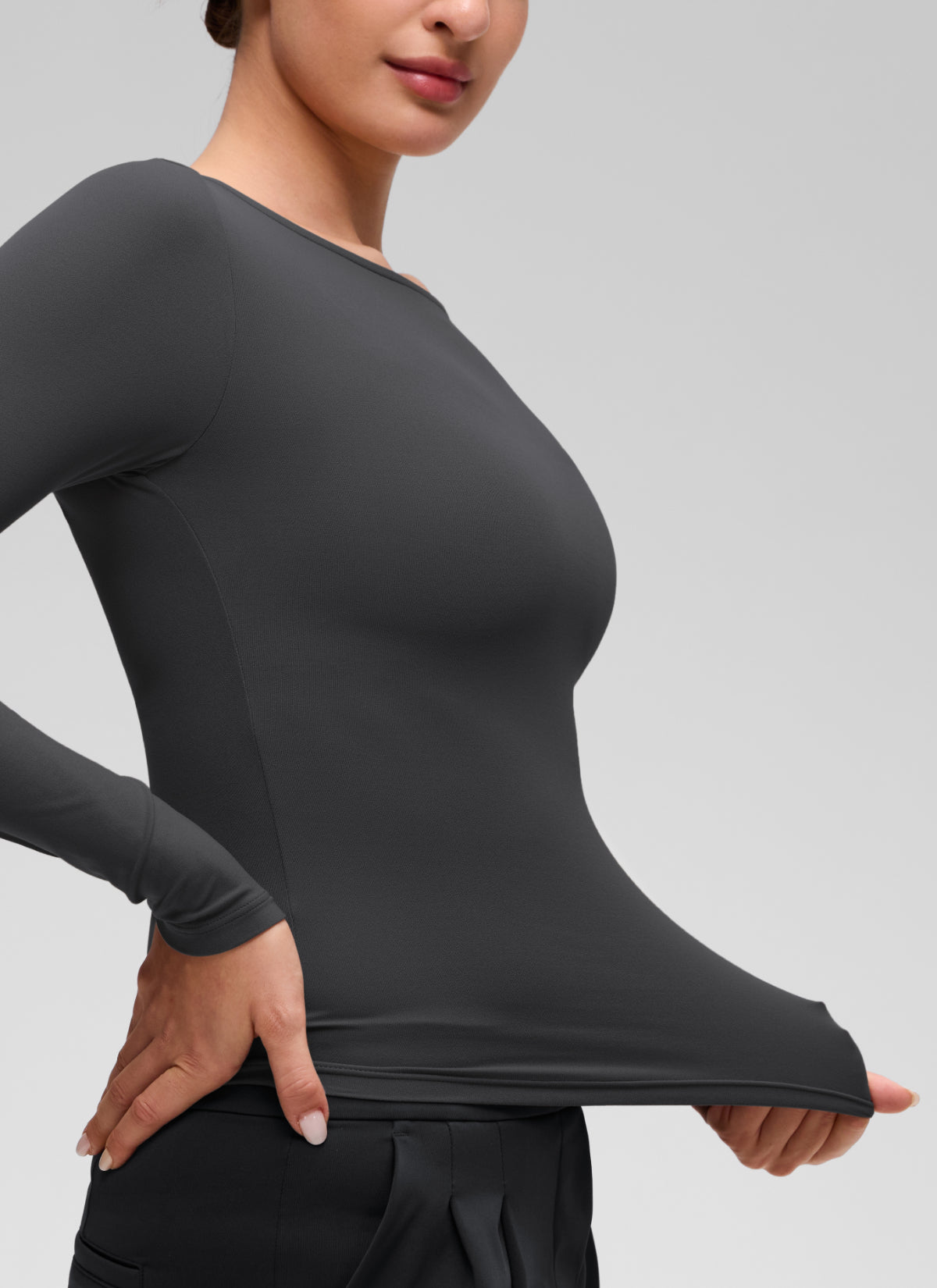 CRZ YOGA Women's Softembrace Casual Boat Neck Waist Length Long Sleeve Mysterious Grey @model_info:Inga