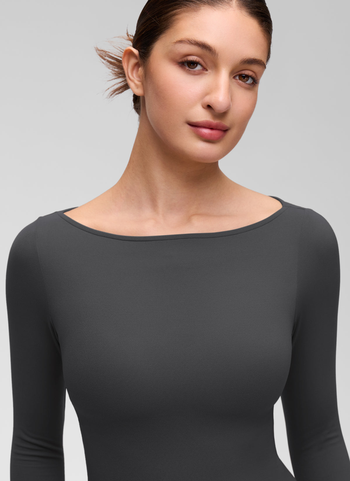 CRZ YOGA Women's Softembrace Casual Boat Neck Waist Length Long Sleeve Mysterious Grey @model_info:Inga