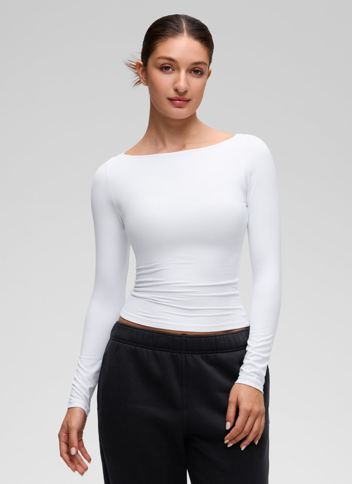 CRZ YOGA Women's Softembrace Casual Boat Neck Waist Length Long Sleeve White @model_info:Inga