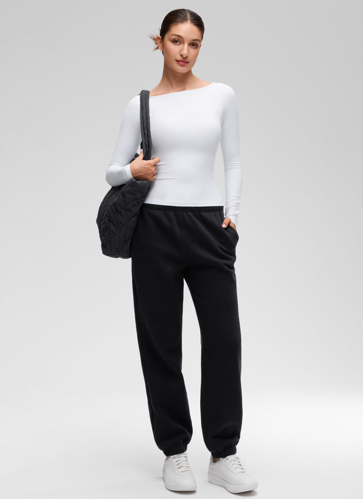 CRZ YOGA Women's Softembrace Casual Boat Neck Waist Length Long Sleeve White @model_info:Inga