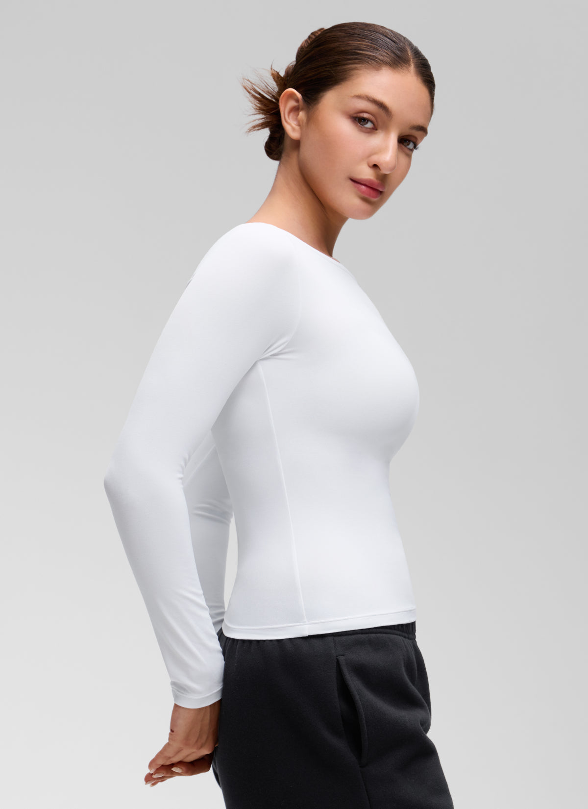 CRZ YOGA Women's Softembrace Casual Boat Neck Waist Length Long Sleeve White @model_info:Inga