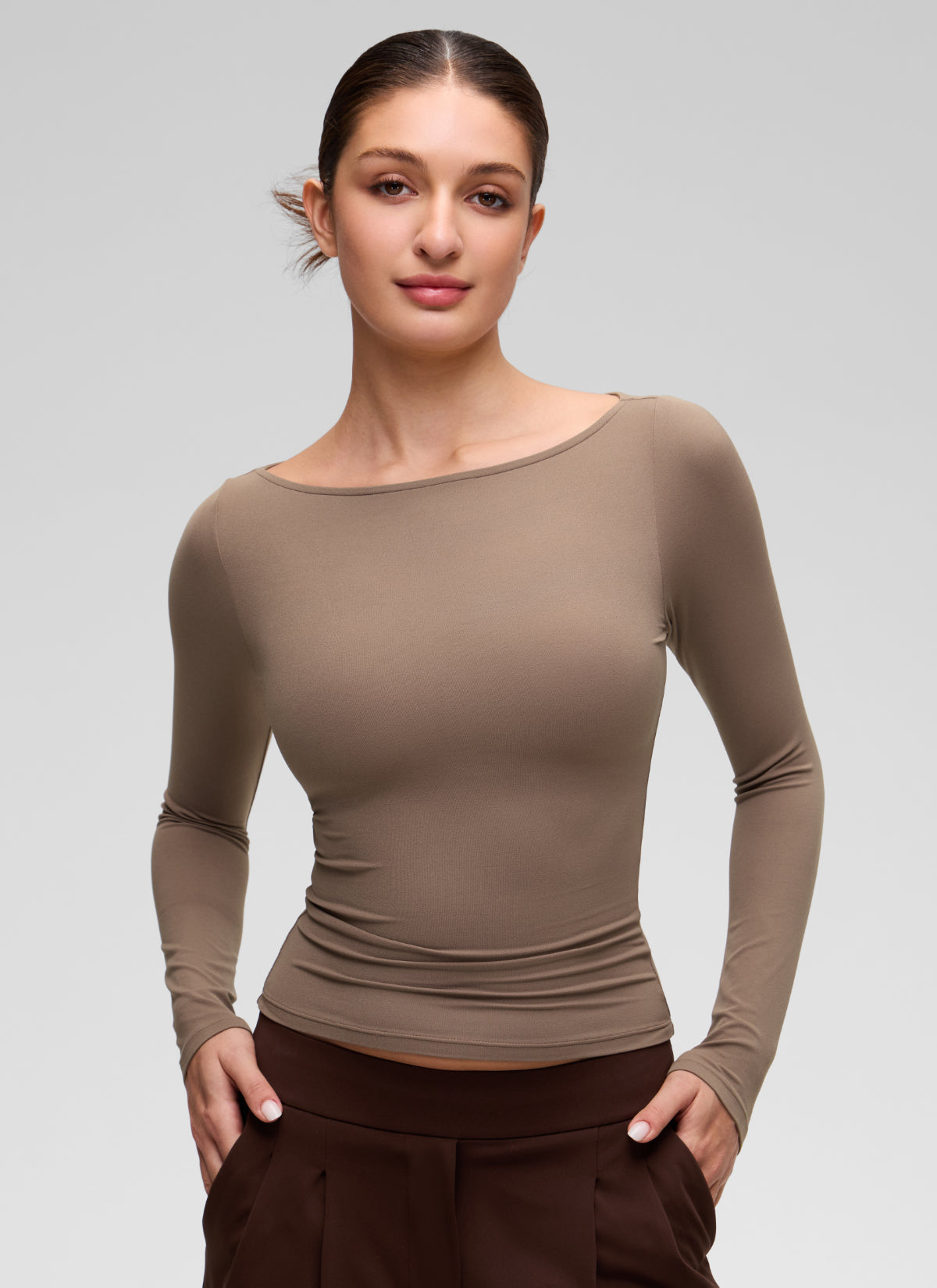 CRZ YOGA Women's Softembrace Casual Boat Neck Waist Length Long Sleeve Brown Purple @model_info:Inga