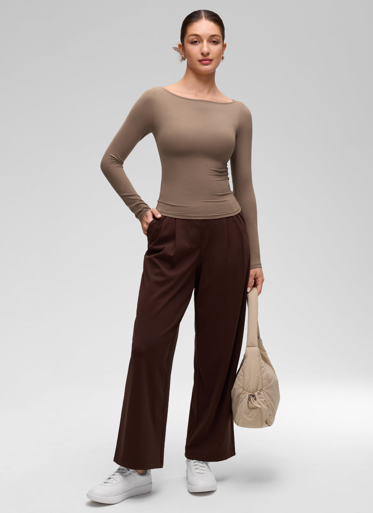 CRZ YOGA Women's Softembrace Casual Boat Neck Waist Length Long Sleeve Brown Purple @model_info:Inga