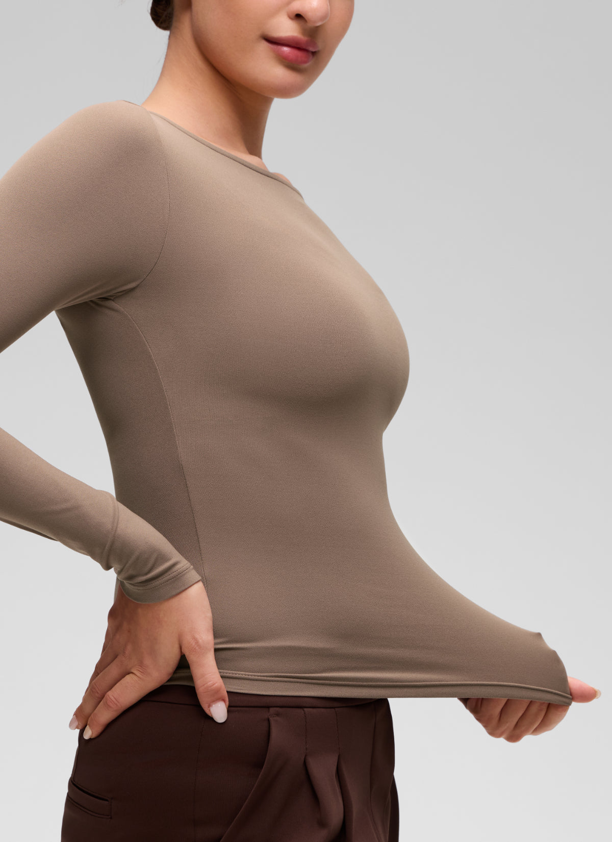 CRZ YOGA Women's Softembrace Casual Boat Neck Waist Length Long Sleeve Brown Purple @model_info:Inga