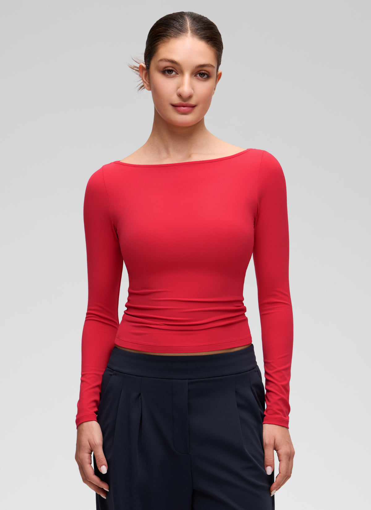 CRZ YOGA Women's Softembrace Casual Boat Neck Waist Length Long Sleeve Aurora Red @model_info:Inga