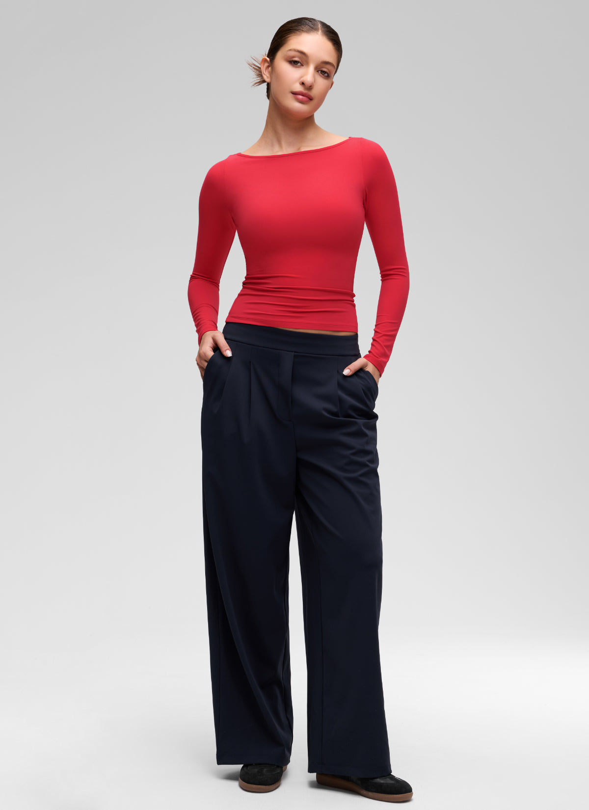 CRZ YOGA Women's Softembrace Casual Boat Neck Waist Length Long Sleeve Aurora Red @model_info:Inga