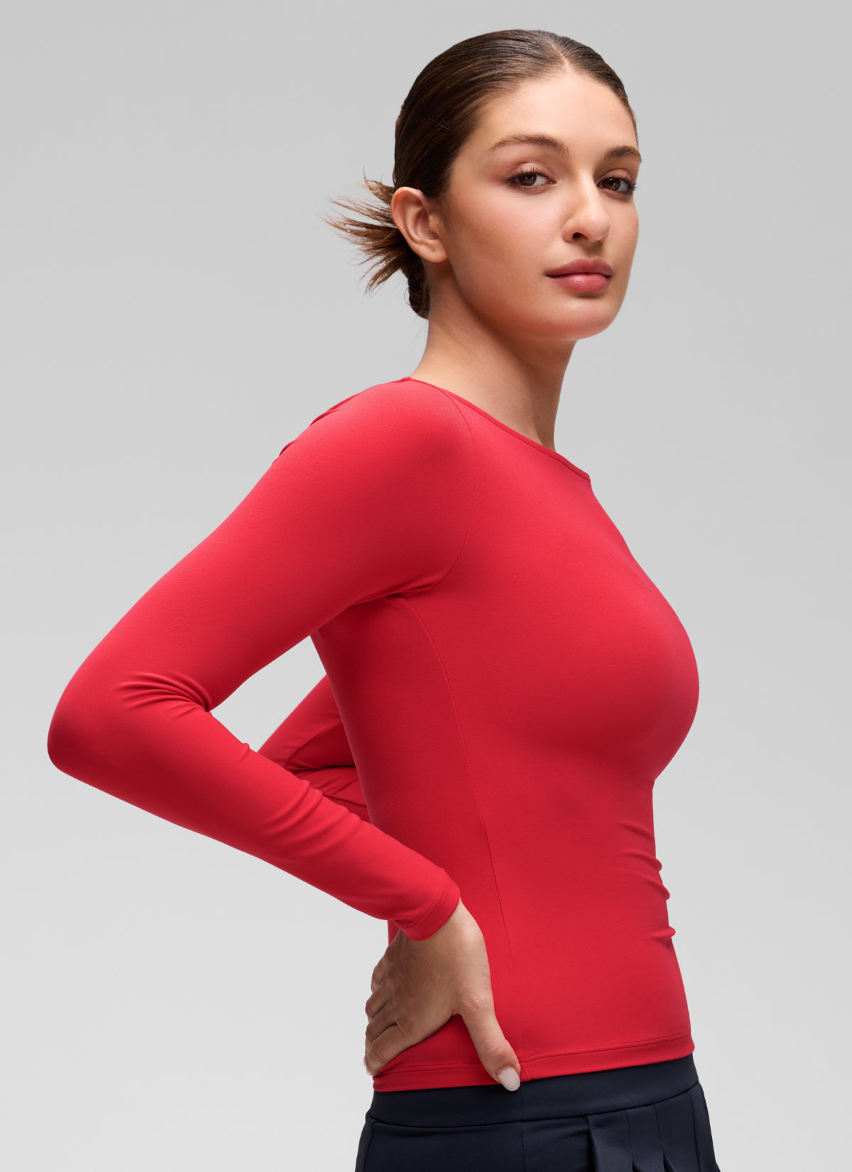 CRZ YOGA Women's Softembrace Casual Boat Neck Waist Length Long Sleeve Aurora Red @model_info:Inga