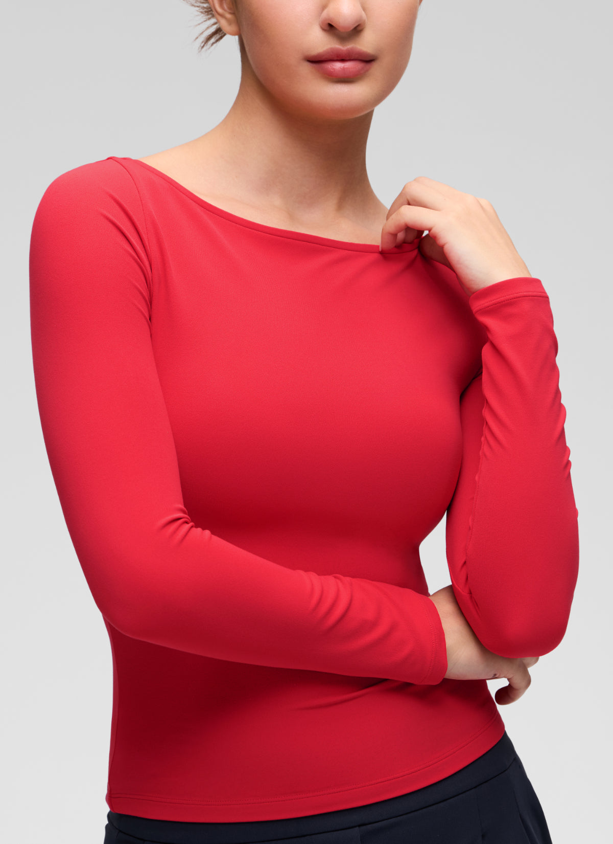 CRZ YOGA Women's Softembrace Casual Boat Neck Waist Length Long Sleeve Aurora Red @model_info:Inga