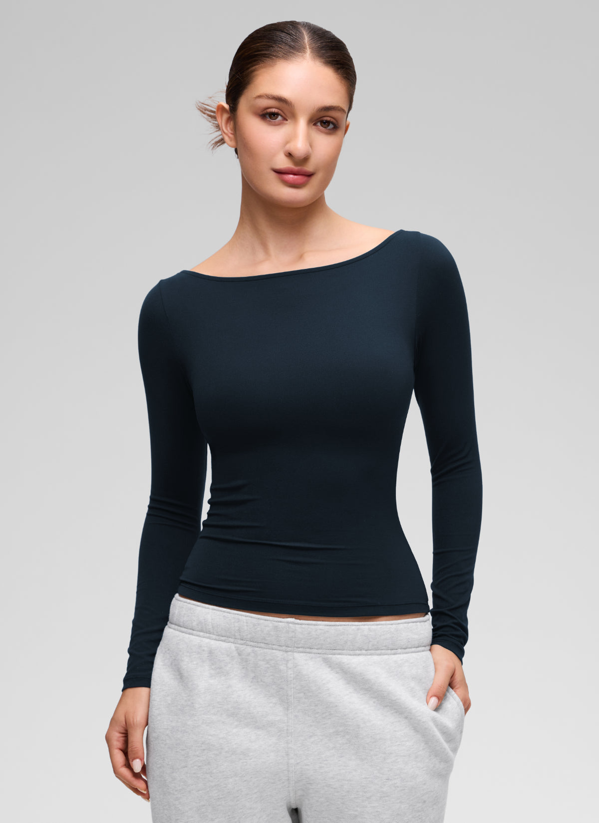 CRZ YOGA Women's Softembrace Casual Boat Neck Waist Length Long Sleeve True Navy @model_info:Inga