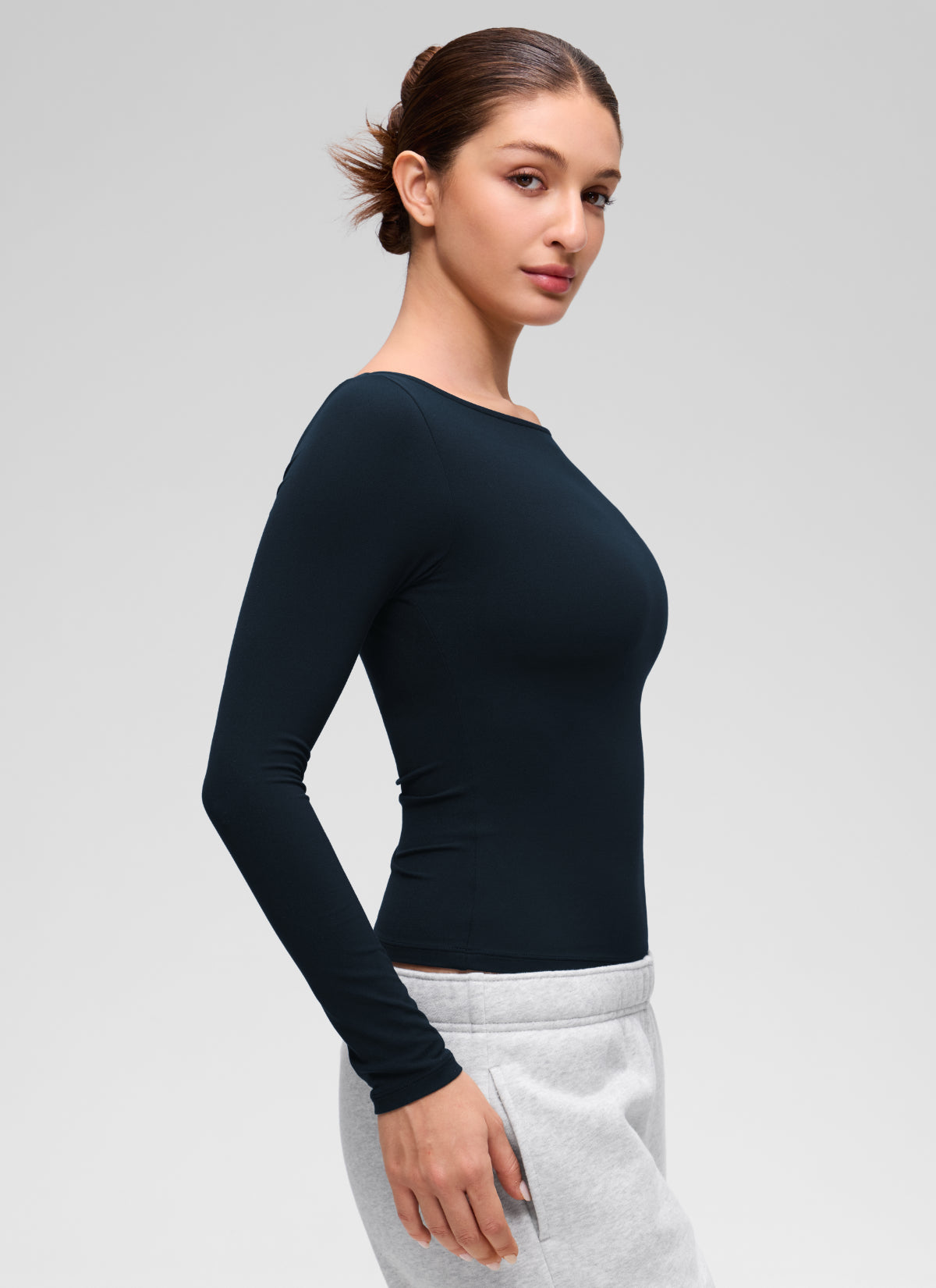 CRZ YOGA Women's Softembrace Casual Boat Neck Waist Length Long Sleeve True Navy @model_info:Inga