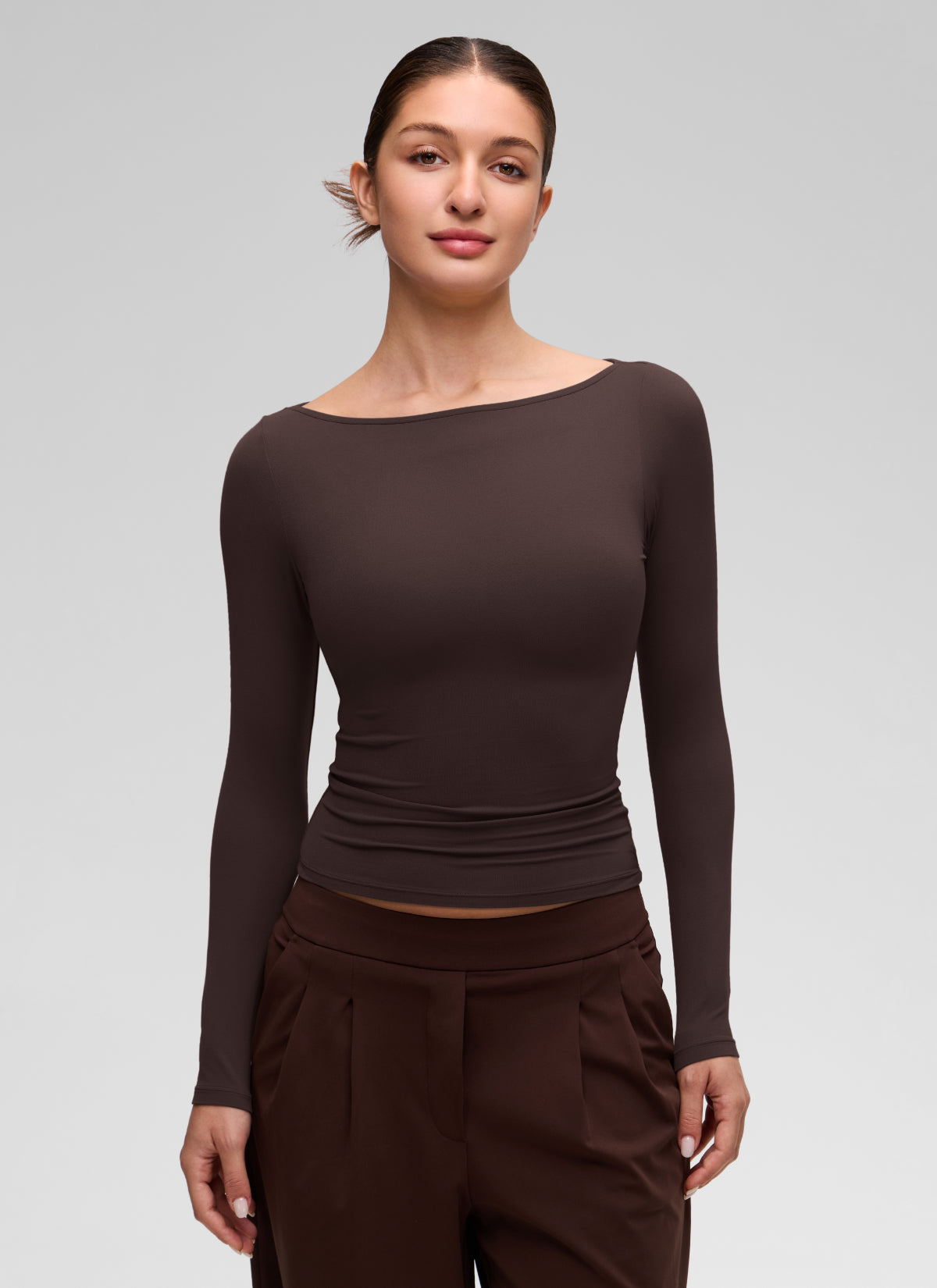 CRZ YOGA Women's Softembrace Casual Boat Neck Waist Length Long Sleeve Hot Fudge Brown @model_info:Inga