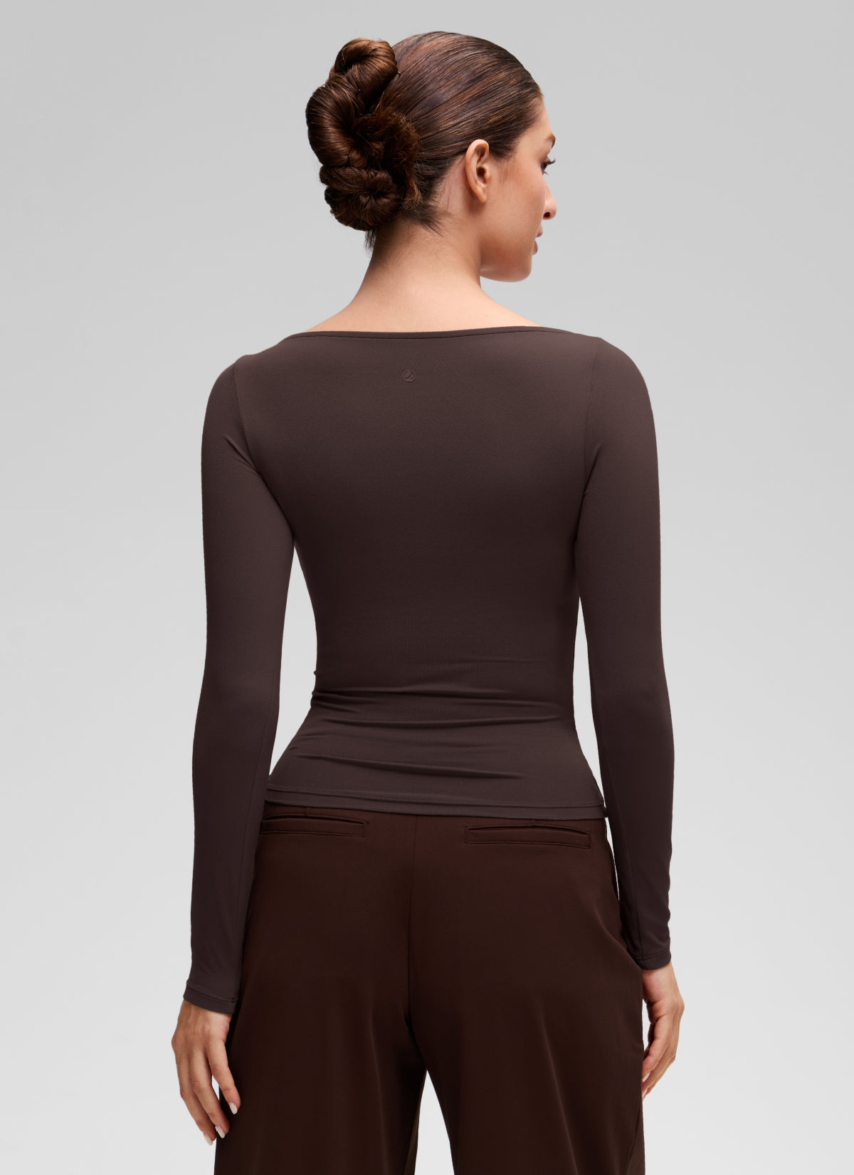 CRZ YOGA Women's Softembrace Casual Boat Neck Waist Length Long Sleeve Hot Fudge Brown @model_info:Inga