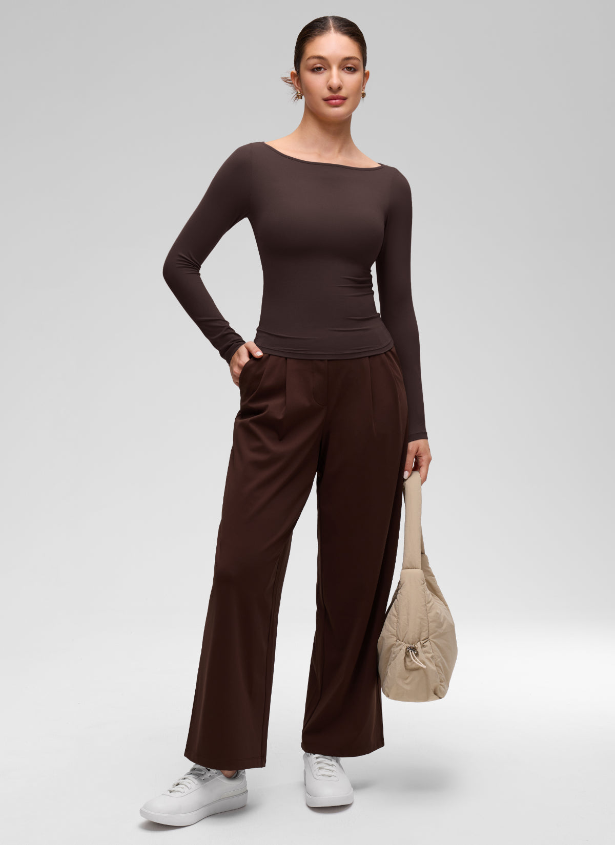 CRZ YOGA Women's Softembrace Casual Boat Neck Waist Length Long Sleeve Hot Fudge Brown @model_info:Inga