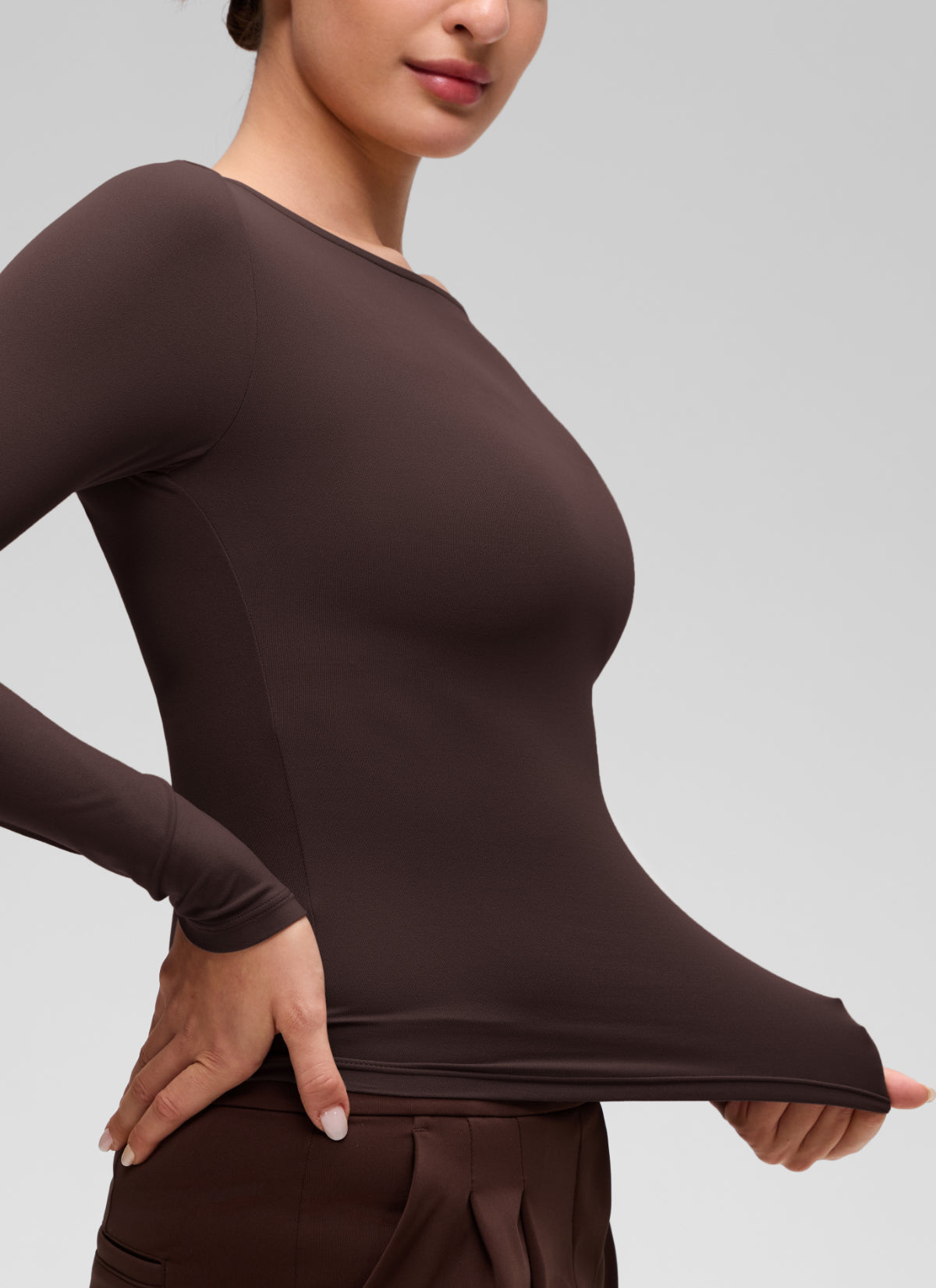 CRZ YOGA Women's Softembrace Casual Boat Neck Waist Length Long Sleeve Hot Fudge Brown @model_info:Inga