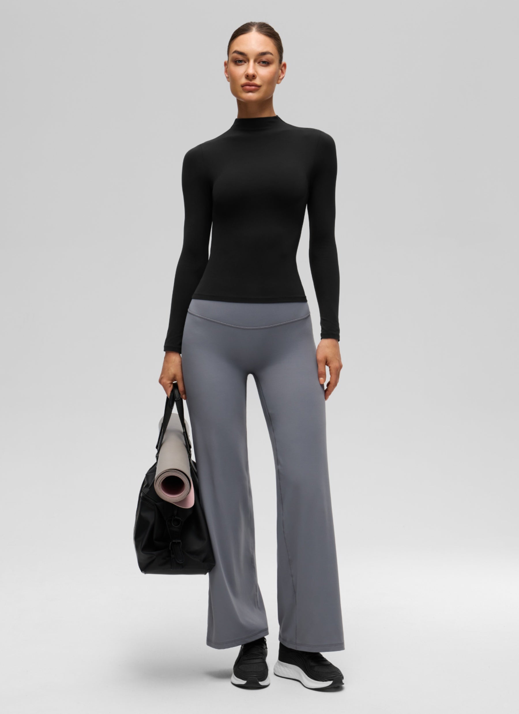 CRZ YOGA Women's Softembrace Mock Neck Waist Length Long Sleeves Black @model_info:K
