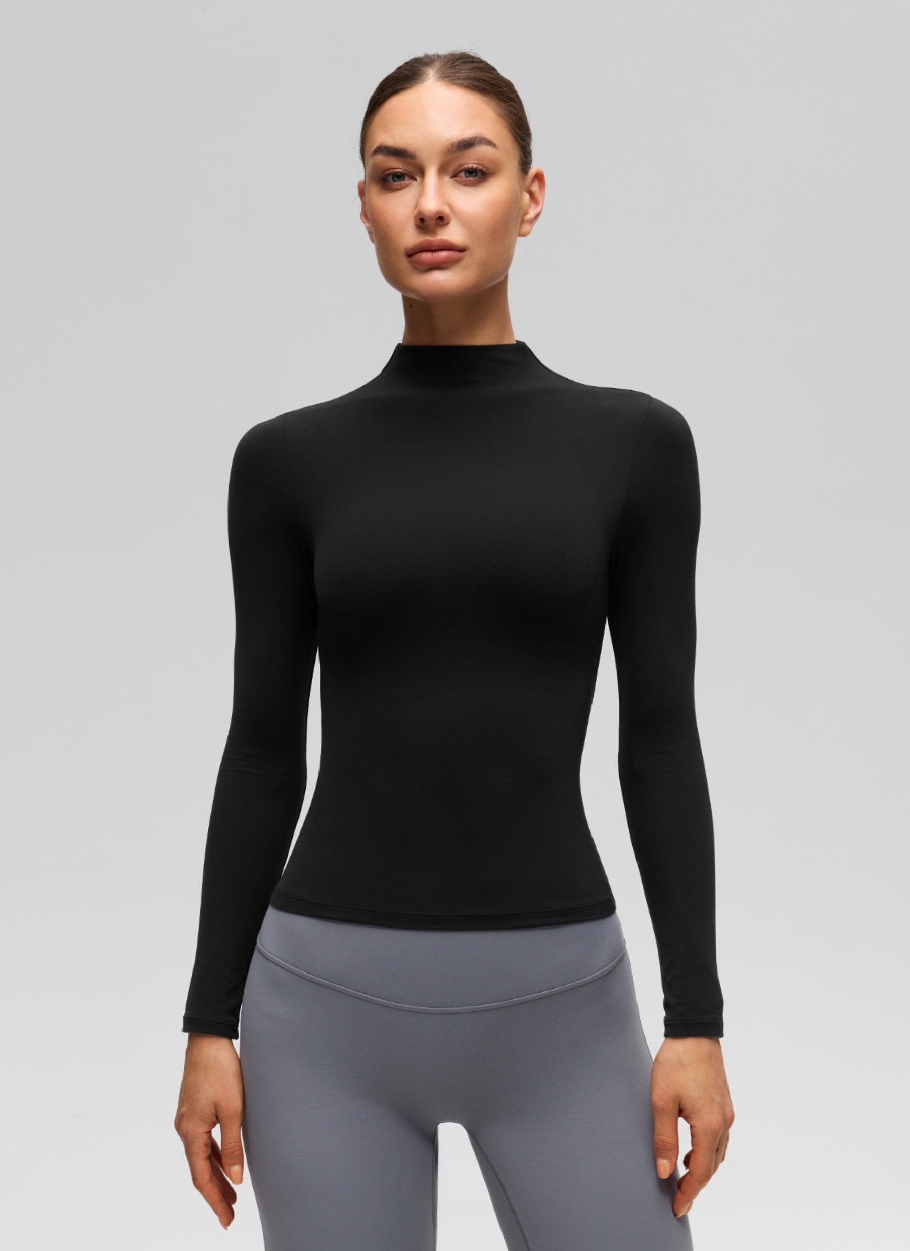 CRZ YOGA Women's Softembrace Mock Neck Waist Length Long Sleeves Black @model_info:K