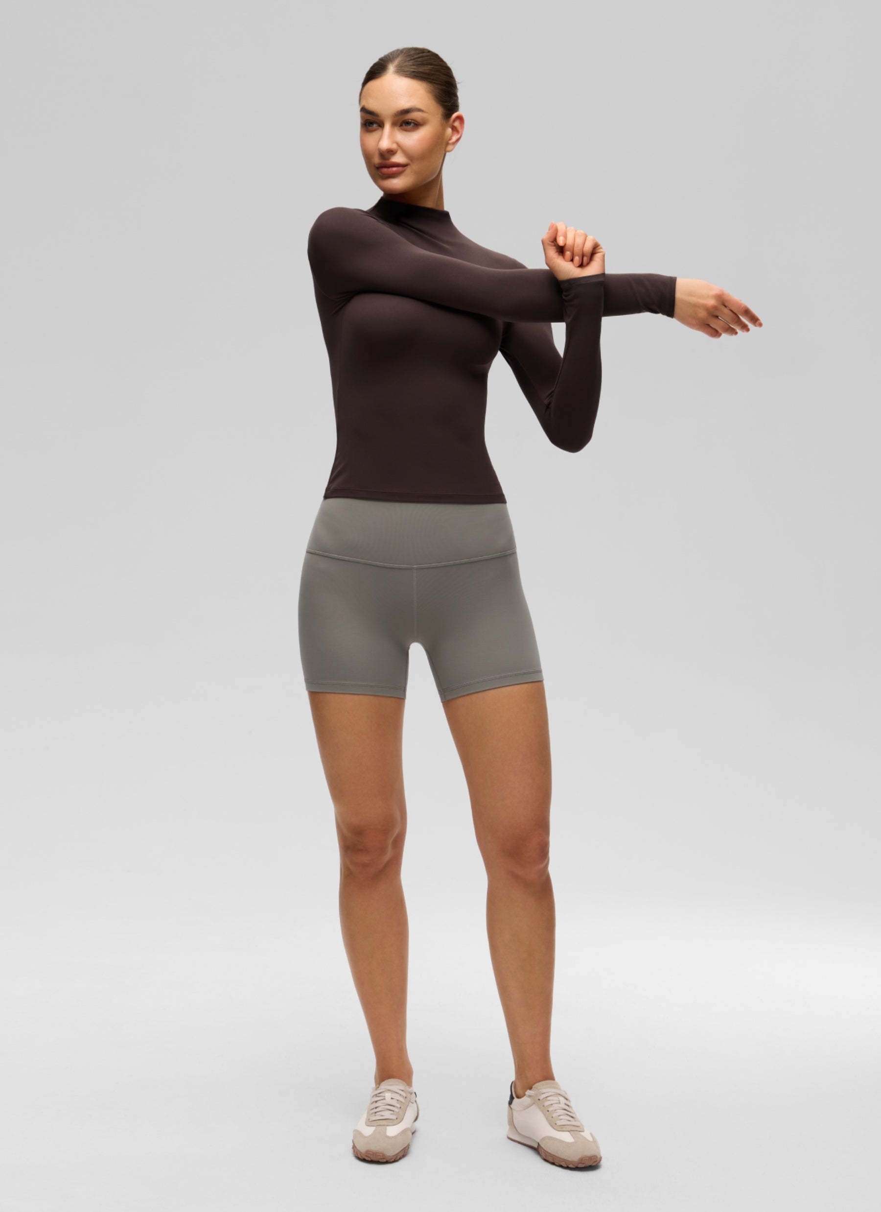 CRZ YOGA Women's Softembrace Mock Neck Waist Length Long Sleeves Hot Fudge Brown @model_info:K