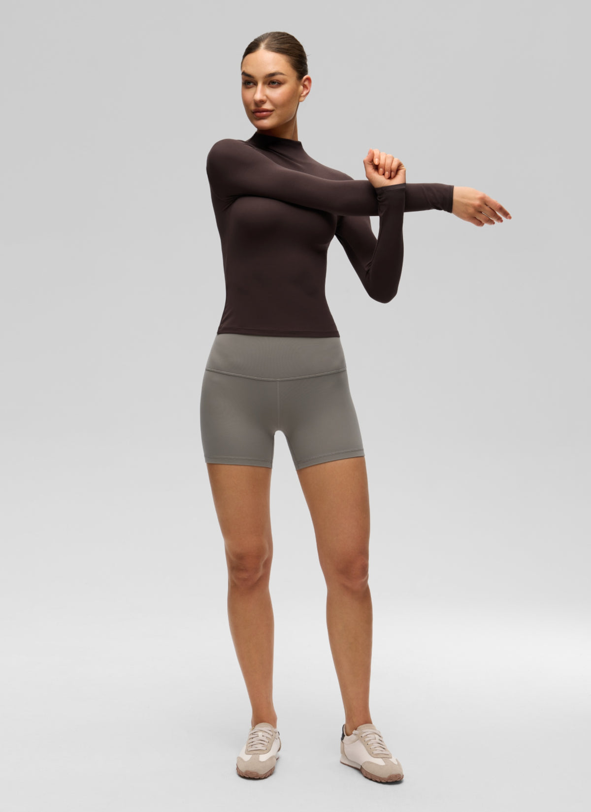 CRZ YOGA Women's Softembrace Mock Neck Waist Length Long Sleeves Hot Fudge Brown @model_info:K