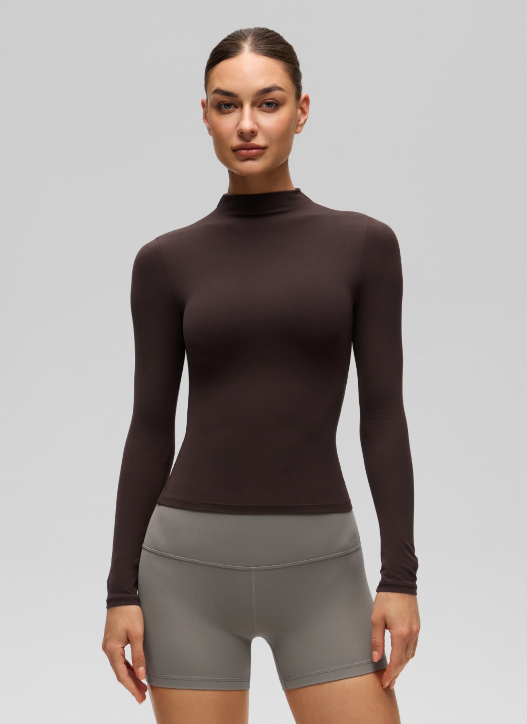 CRZ YOGA Women's Softembrace Mock Neck Waist Length Long Sleeves Hot Fudge Brown @model_info:K