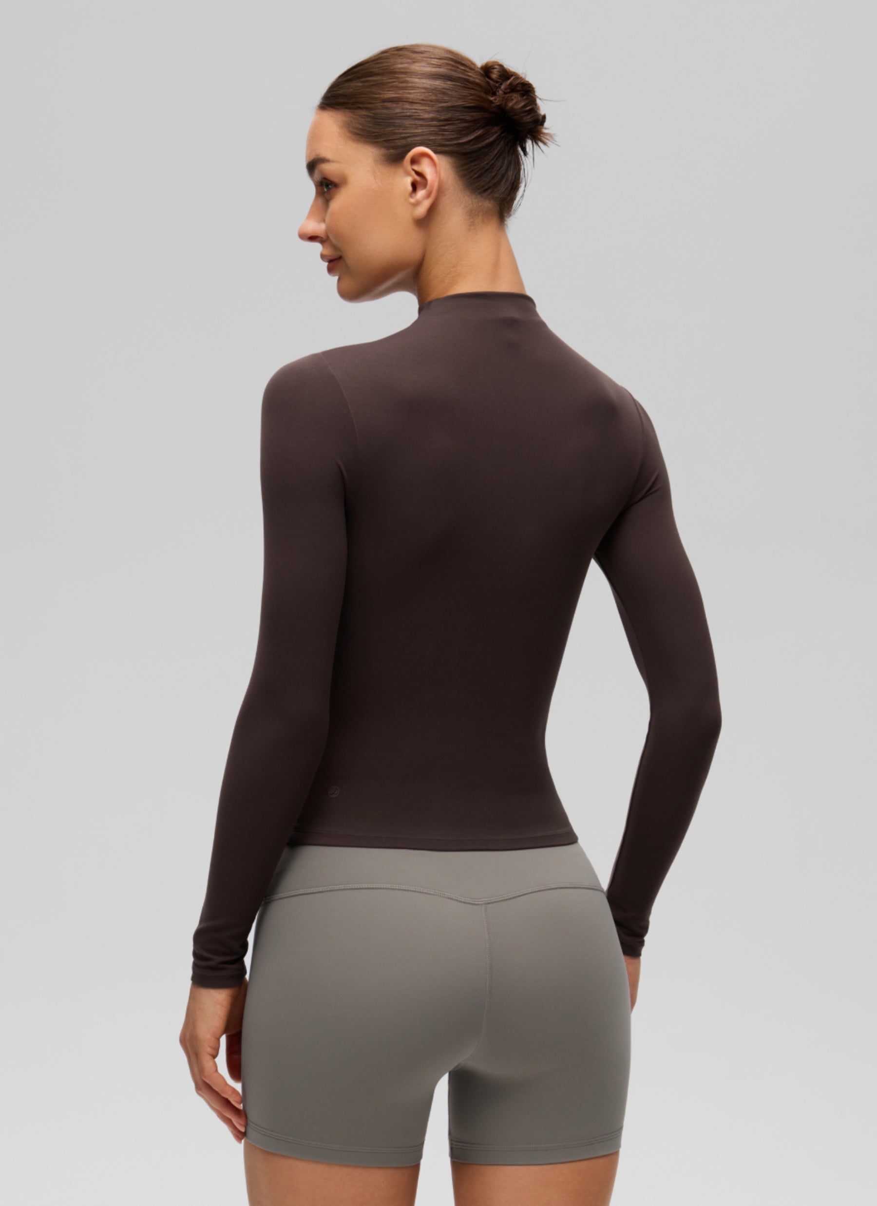 CRZ YOGA Women's Softembrace Mock Neck Waist Length Long Sleeves Hot Fudge Brown @model_info:K
