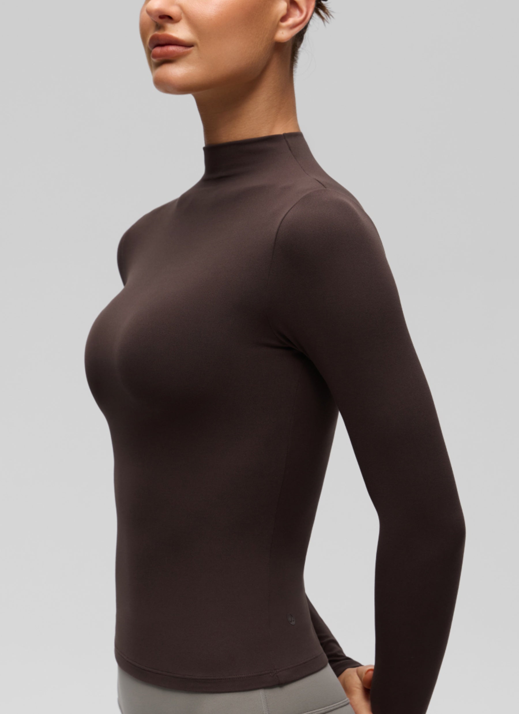 CRZ YOGA Women's Softembrace Mock Neck Waist Length Long Sleeves Hot Fudge Brown @model_info:K