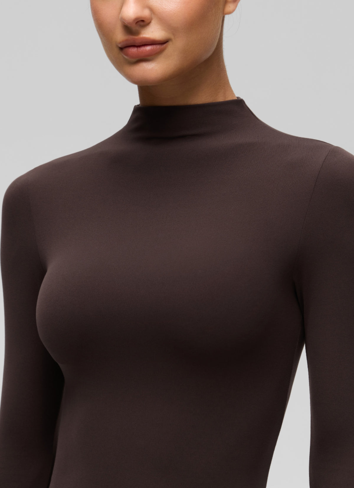 CRZ YOGA Women's Softembrace Mock Neck Waist Length Long Sleeves Hot Fudge Brown @model_info:K