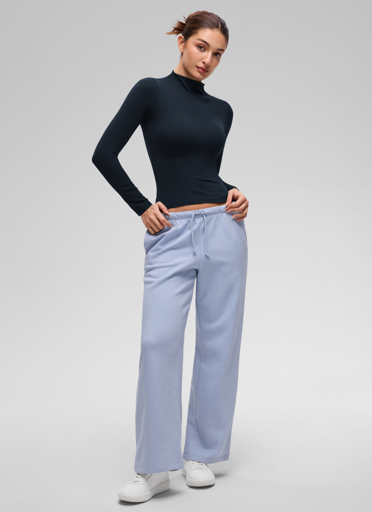 CRZ YOGA Women's Softembrace Mock Neck Waist Length Long Sleeves True Navy @model_info:Inga