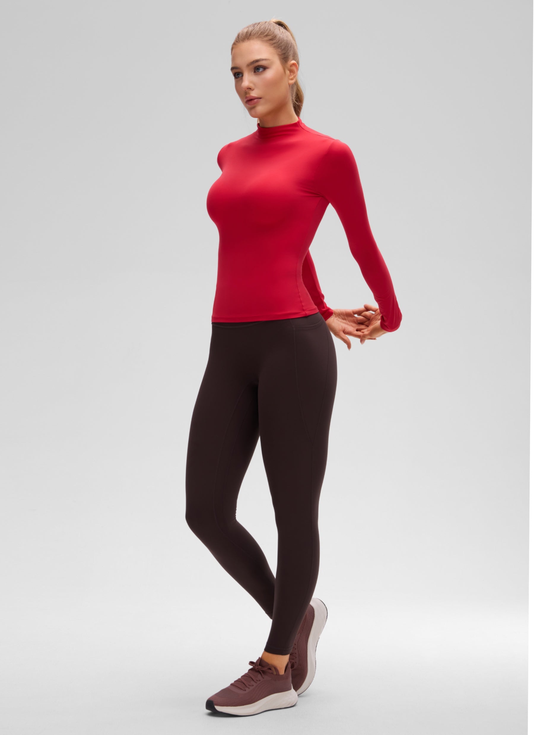 CRZ YOGA Women's Softembrace Mock Neck Waist Length Long Sleeves Aurora Red @model_info:A